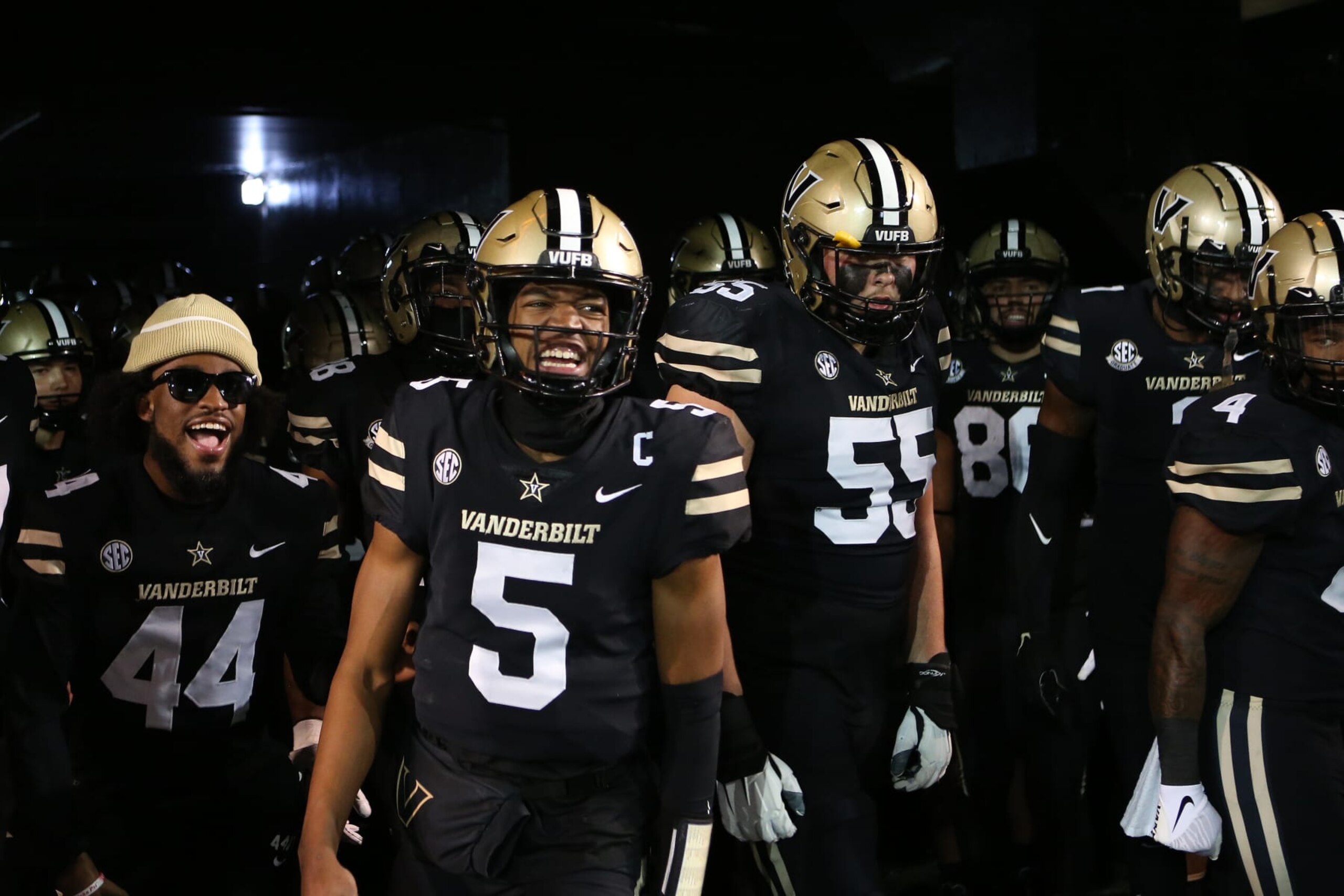 NASHVILLE, TN - NOVEMBER 26: Vanderbilt Commodores quarterback Mike Wright (5) lead the Vanderbilt Commodores out of the tunnel prior to a game between the Tennessee Volunteers and Vanderbilt Commodores, November 26, 2022, at FirstBank Stadium in Nashville, Tennessee. (Photo by Matthew Maxey/Icon Sportswire via Getty Images)