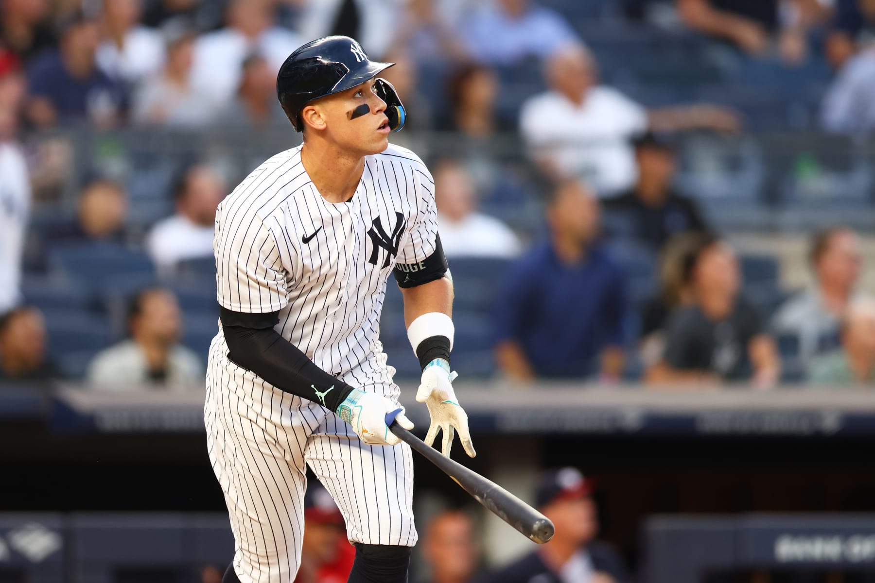NEW YORK, NEW YORK - AUGUST 23: Aaron Judge #99 of the New York Yankees hits a home run in the first inning against the Washington Nationals at Yankee Stadium on August 23, 2023 in the Bronx borough of New York City. (Photo by Mike Stobe/Getty Images)