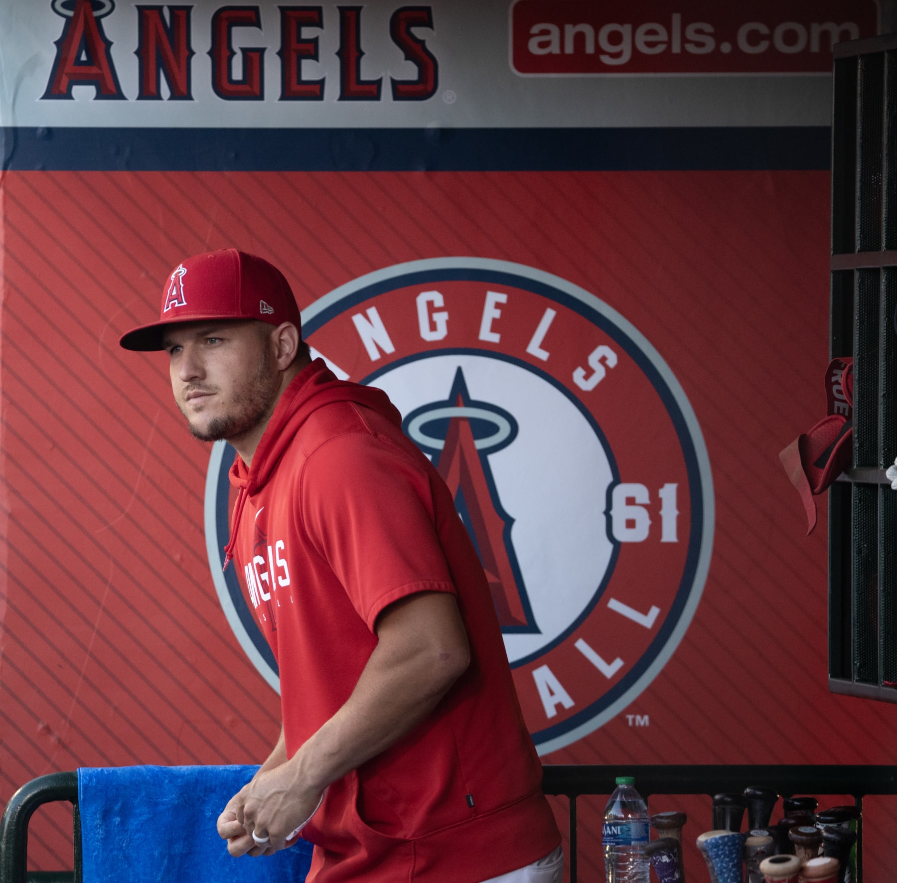 Anaheim, CA - July 18: Angels star Mike Trout walks in the dugout before a game with the Yankees at Angel Stadium in Anaheim Tuesday, July 18, 2023.  (Allen J. Schaben / Los Angeles Times via Getty Images)
