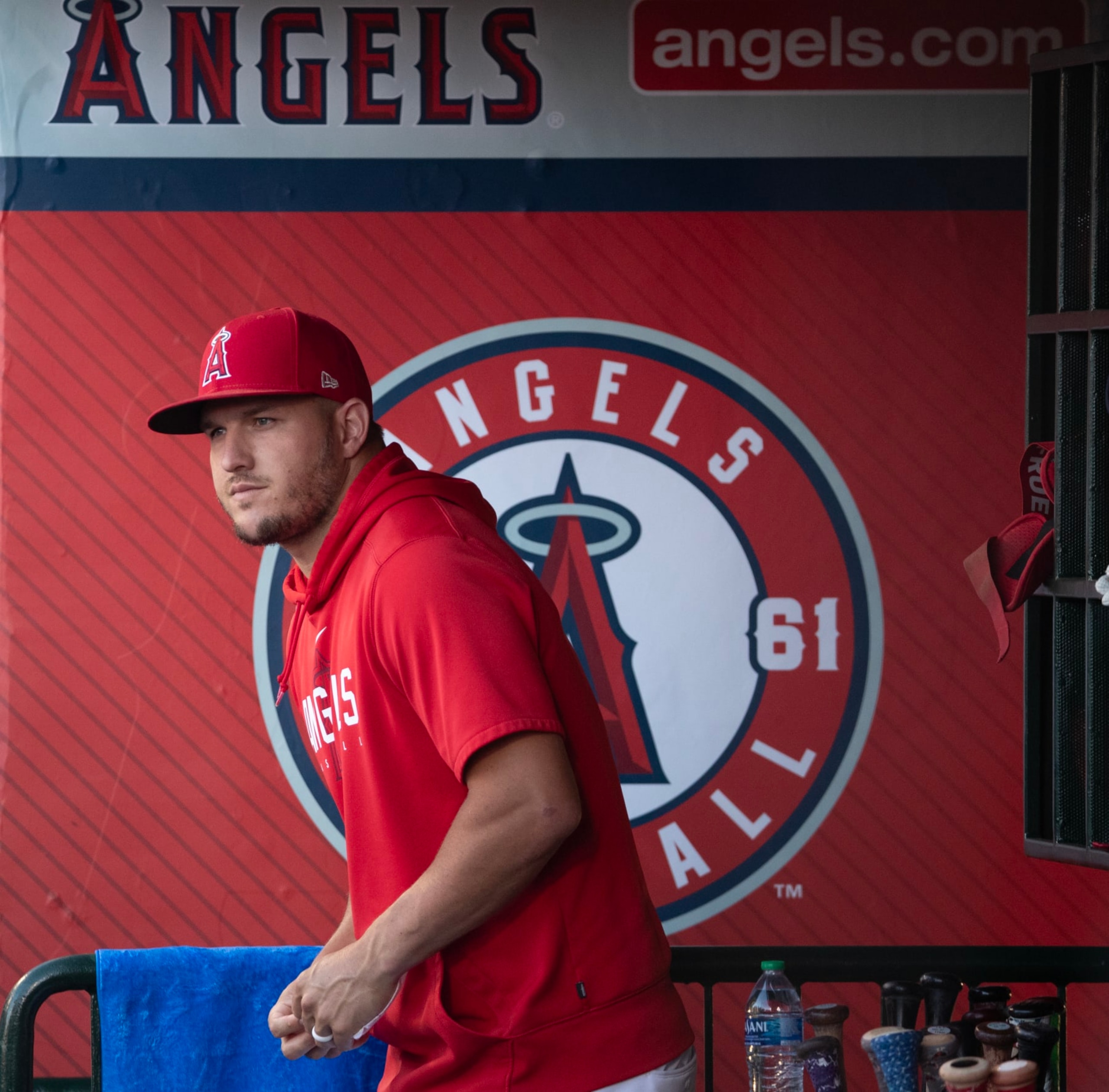Anaheim, CA - July 18: Angels star Mike Trout walks in the dugout before a game with the Yankees at Angel Stadium in Anaheim Tuesday, July 18, 2023.  (Allen J. Schaben / Los Angeles Times via Getty Images)