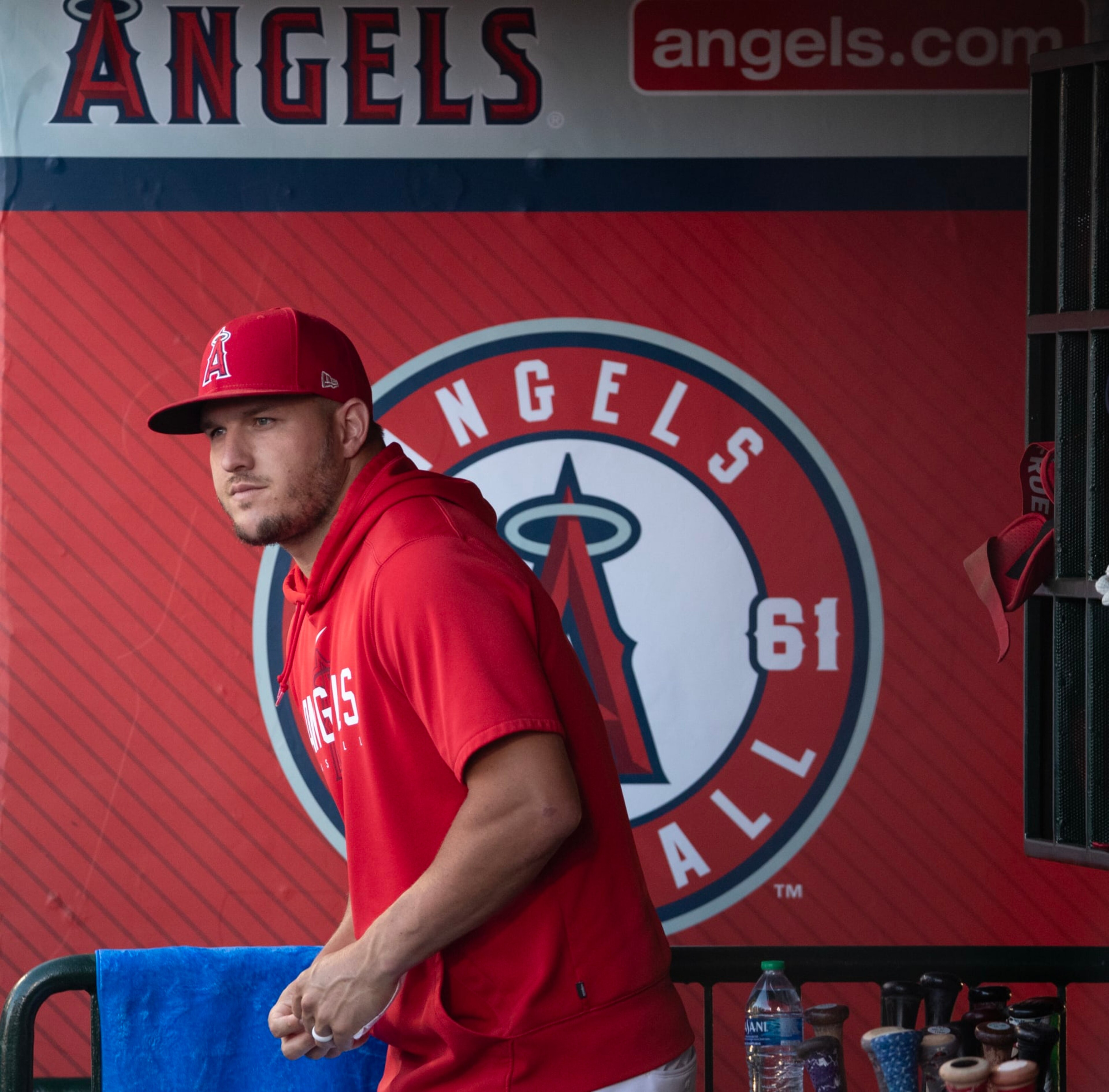 Anaheim, CA - July 18: Angels star Mike Trout walks in the dugout before a game with the Yankees at Angel Stadium in Anaheim Tuesday, July 18, 2023.  (Allen J. Schaben / Los Angeles Times via Getty Images)