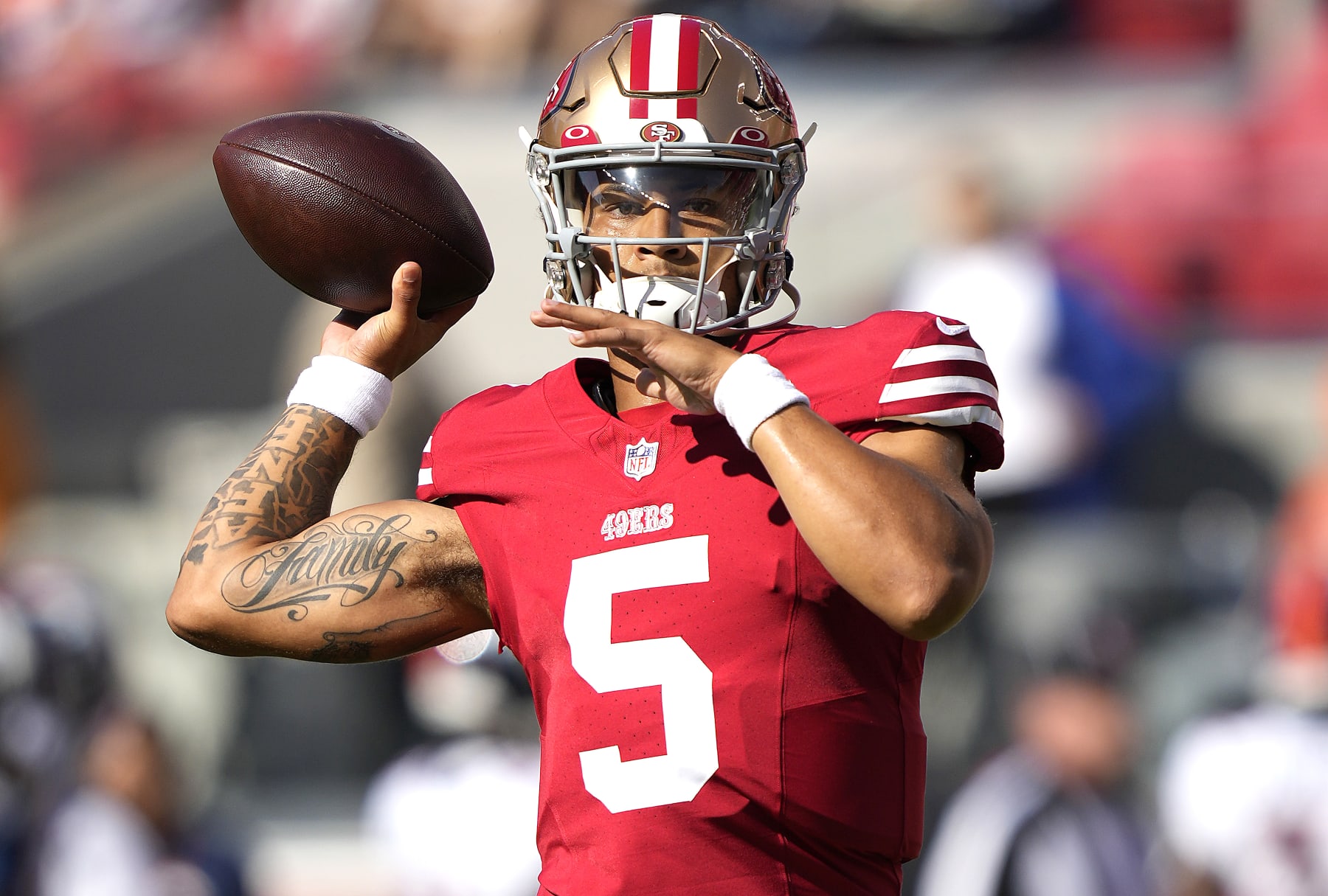 SANTA CLARA, CALIFORNIA - AUGUST 19: Trey Lance #5 of the San Francisco 49ers warms up during pregame warm ups prior to playing the Denver Broncos at Levi's Stadium on August 19, 2023 in Santa Clara, California. (Photo by Thearon W. Henderson/Getty Images)