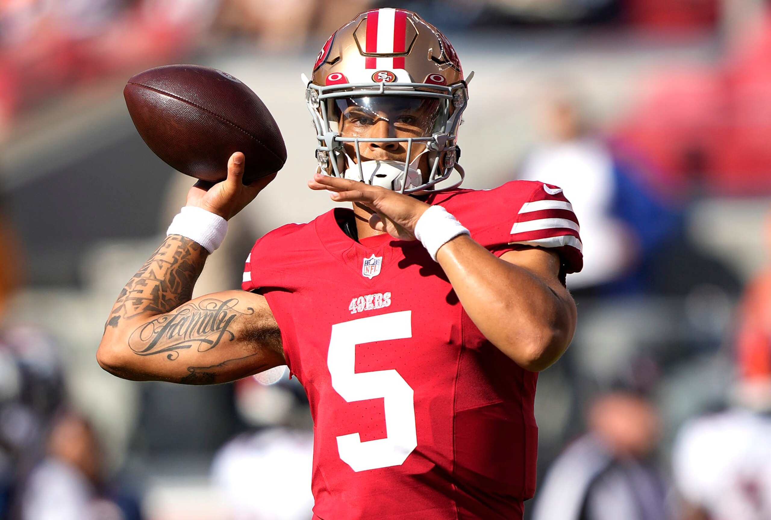 SANTA CLARA, CALIFORNIA - AUGUST 19: Trey Lance #5 of the San Francisco 49ers warms up during pregame warm ups prior to playing the Denver Broncos at Levi's Stadium on August 19, 2023 in Santa Clara, California. (Photo by Thearon W. Henderson/Getty Images)