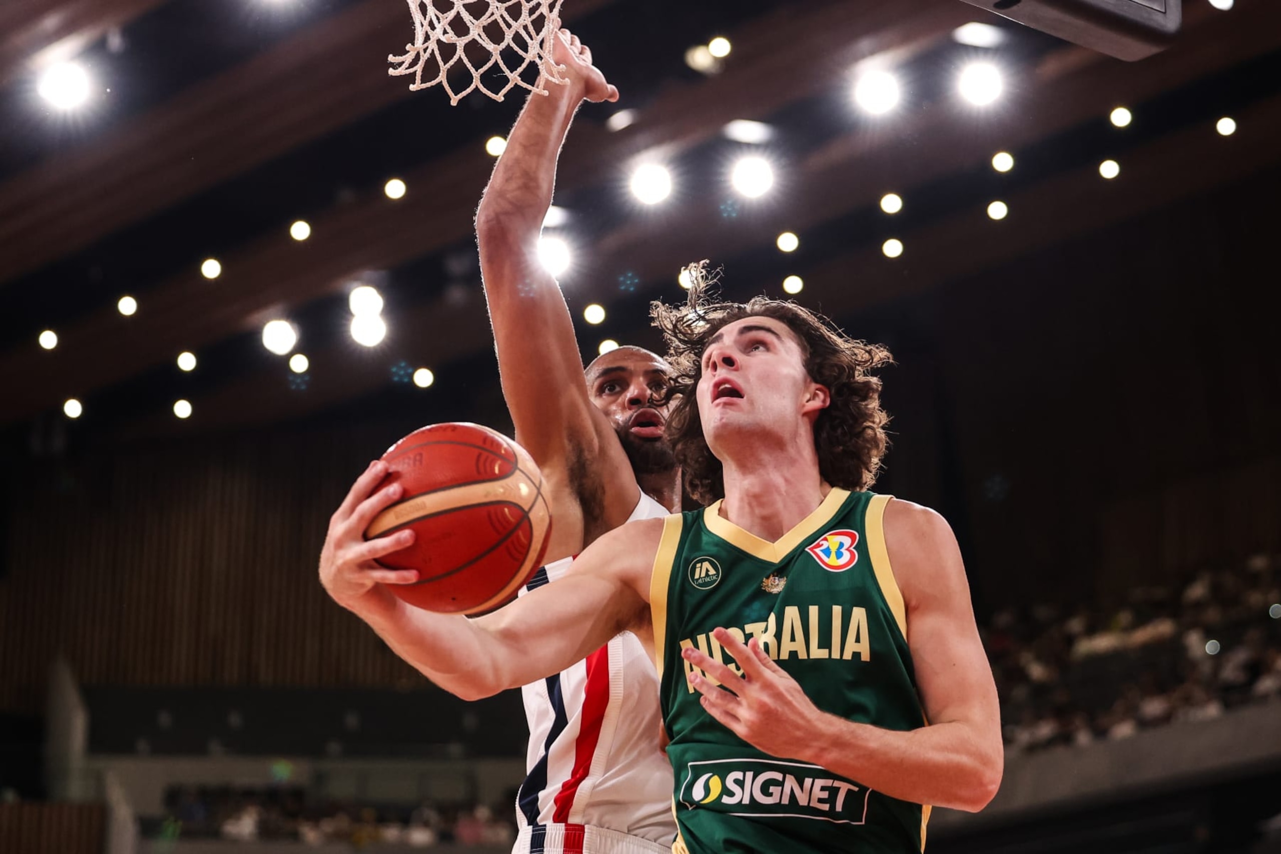 TOKYO, JAPAN - AUGUST 20: Josh Giddey #3 of Australia drives to the basket during the international basketball game between France and Australia at Ariake Arena on August 20, 2023 in Tokyo, Japan. (Photo by Takashi Aoyama/Getty Images)