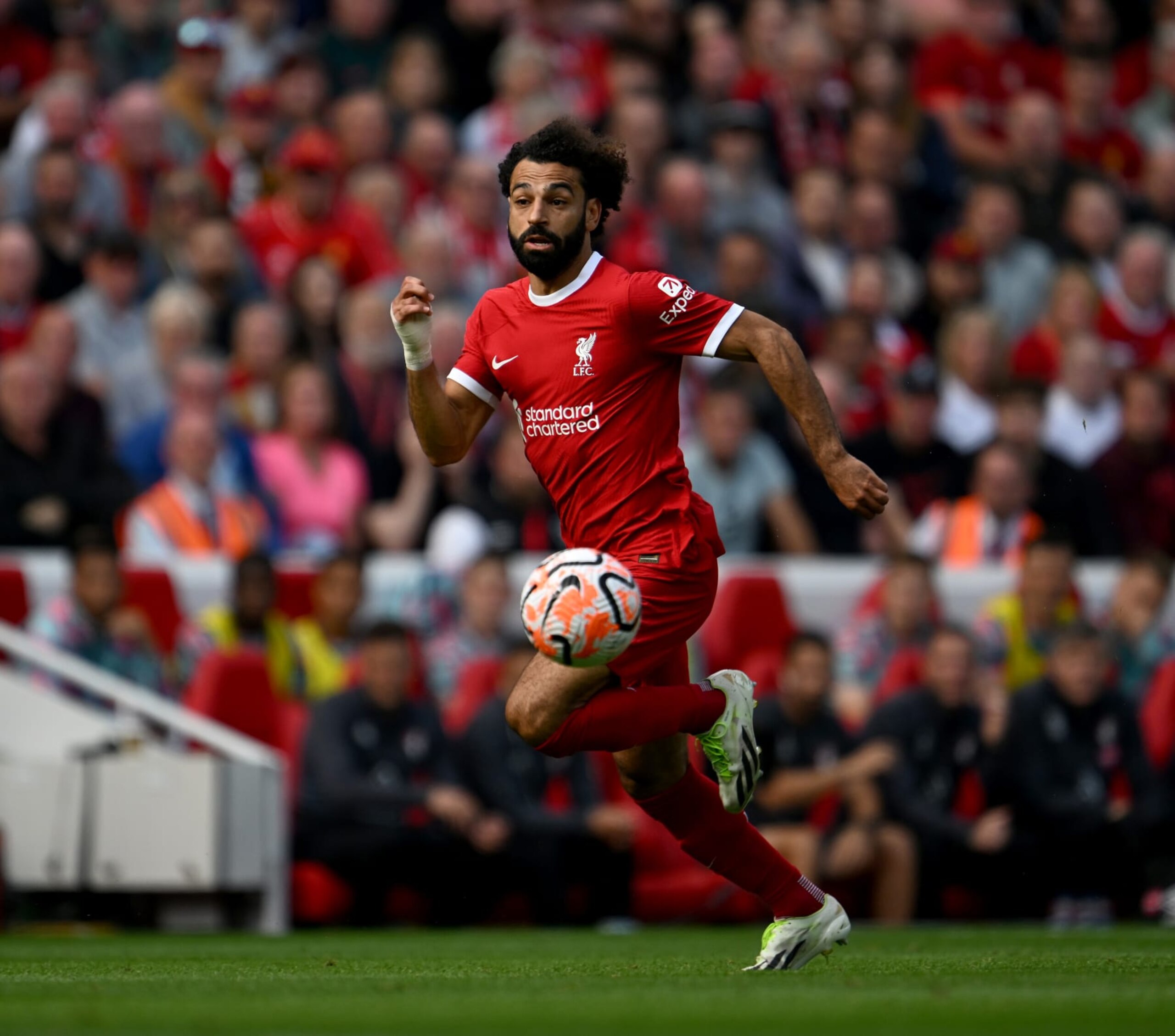LIVERPOOL, ENGLAND - AUGUST 19: (THE SUN OUT, THE SUN ON SUNDAY OUT) Mohamed Salah of Liverpool during the Premier League match between Liverpool FC and AFC Bournemouth at Anfield on August 19, 2023 in Liverpool, England. (Photo by Andrew Powell/Liverpool FC via Getty Images)