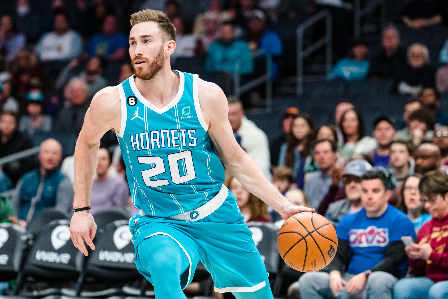 CHARLOTTE, NORTH CAROLINA - MARCH 12: Gordon Hayward #20 of the Charlotte Hornets drives to the basket in the first quarter during their game against the Cleveland Cavaliers at Spectrum Center on March 12, 2023 in Charlotte, North Carolina. NOTE TO USER: User expressly acknowledges and agrees that, by downloading and or using this photograph, User is consenting to the terms and conditions of the Getty Images License Agreement. (Photo by Jacob Kupferman/Getty Images)