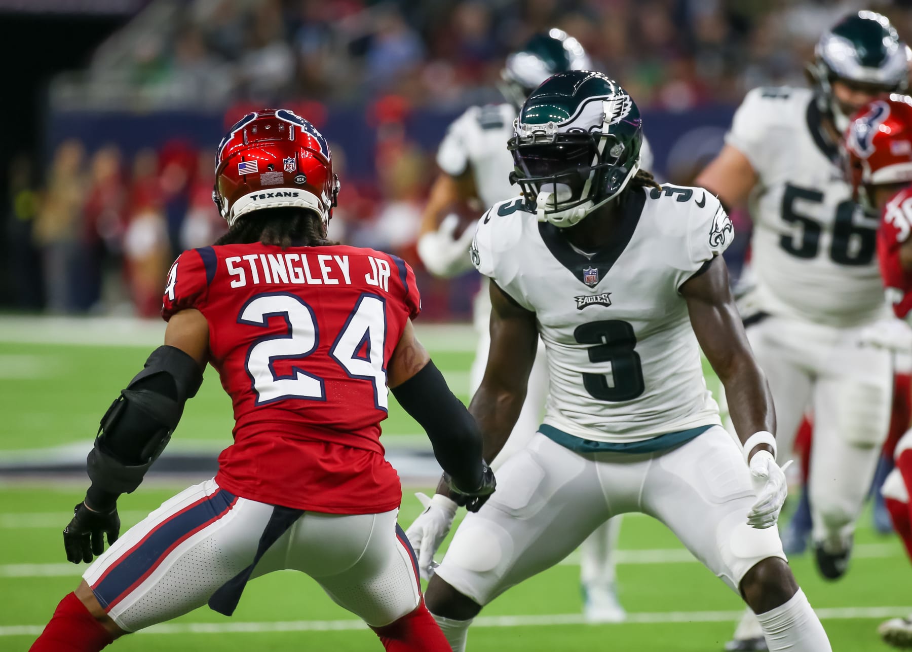 HOUSTON, TX - NOVEMBER 03:  Philadelphia Eagles wide receiver Zach Pascal (3) challenges Houston Texans cornerback Derek Stingley Jr. (24) in the second quarter during the NFL game between the Philadelphia Eagles and Houston Texans on November 3, 2022 at NRG Stadium in Houston, Texas.  (Photo by Leslie Plaza Johnson/Icon Sportswire via Getty Images)