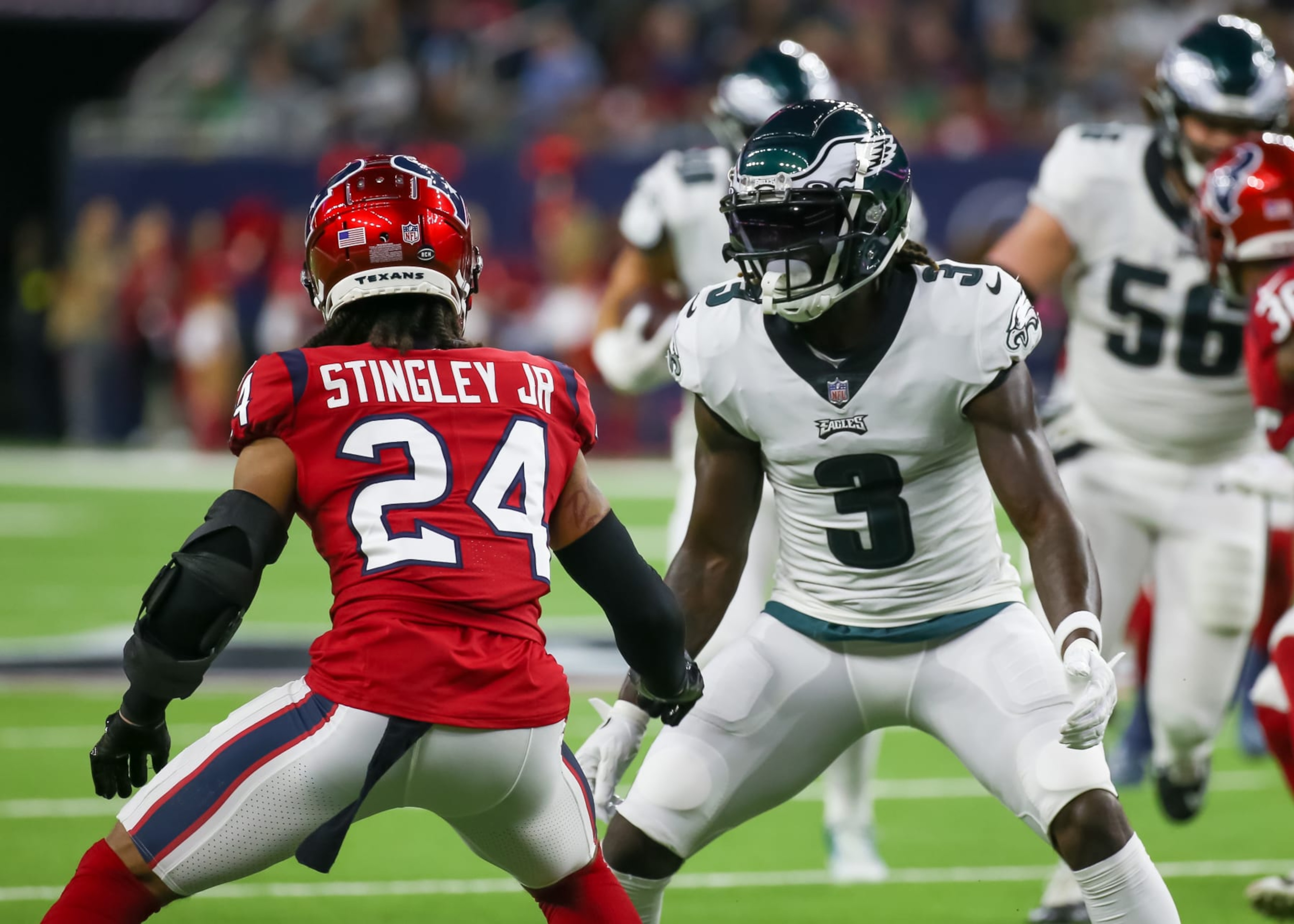 HOUSTON, TX - NOVEMBER 03: Philadelphia Eagles wide receiver Zach Pascal (3) challenges Houston Texans cornerback Derek Stingley Jr. (24) in the second quarter during the NFL game between the Philadelphia Eagles and Houston Texans on November 3, 2022 at NRG Stadium in Houston, Texas. (Photo by Leslie Plaza Johnson/Icon Sportswire via Getty Images) HOUSTON, TX - NOVEMBER 03: Philadelphia Eagles wide receiver Zach Pascal (3) challenges Houston Texans cornerback Derek Stingley Jr. (24) in the second quarter during the NFL game between the Philadelphia Eagles and Houston Texans on November 3, 2022 at NRG Stadium in Houston, Texas. (Photo by Leslie Plaza Johnson/Icon Sportswire via Getty Images)