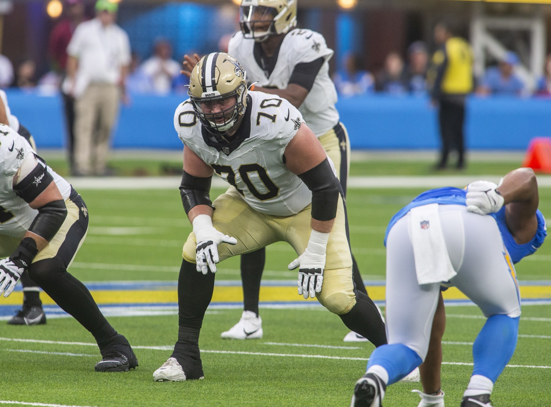 INGLEWOOD, CA - AUGUST 20: New Orleans Saints offensive tackle Trevor Penning (70) on the line before a down in the first half of a preseason NFL football game between the New Orleans Saints and Los Angeles Chargers at SoFi Stadium in Inglewood, California. (Photo by Tony Ding/Icon Sportswire via Getty Images)
