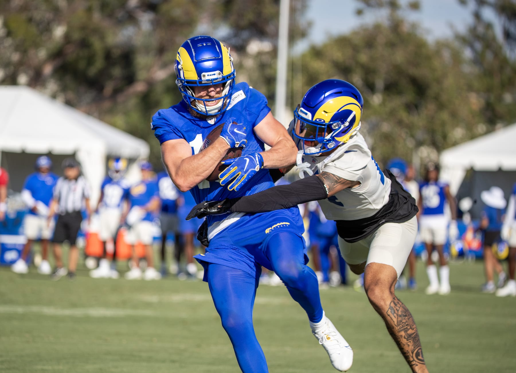 Irvine, CA - July 27:  Rams wide receiver Cooper Kupp hauls in a pass during Rams training camp at UCI in Irvine Thursday, July 27, 2023.  (Allen J. Schaben / Los Angeles Times via Getty Images)