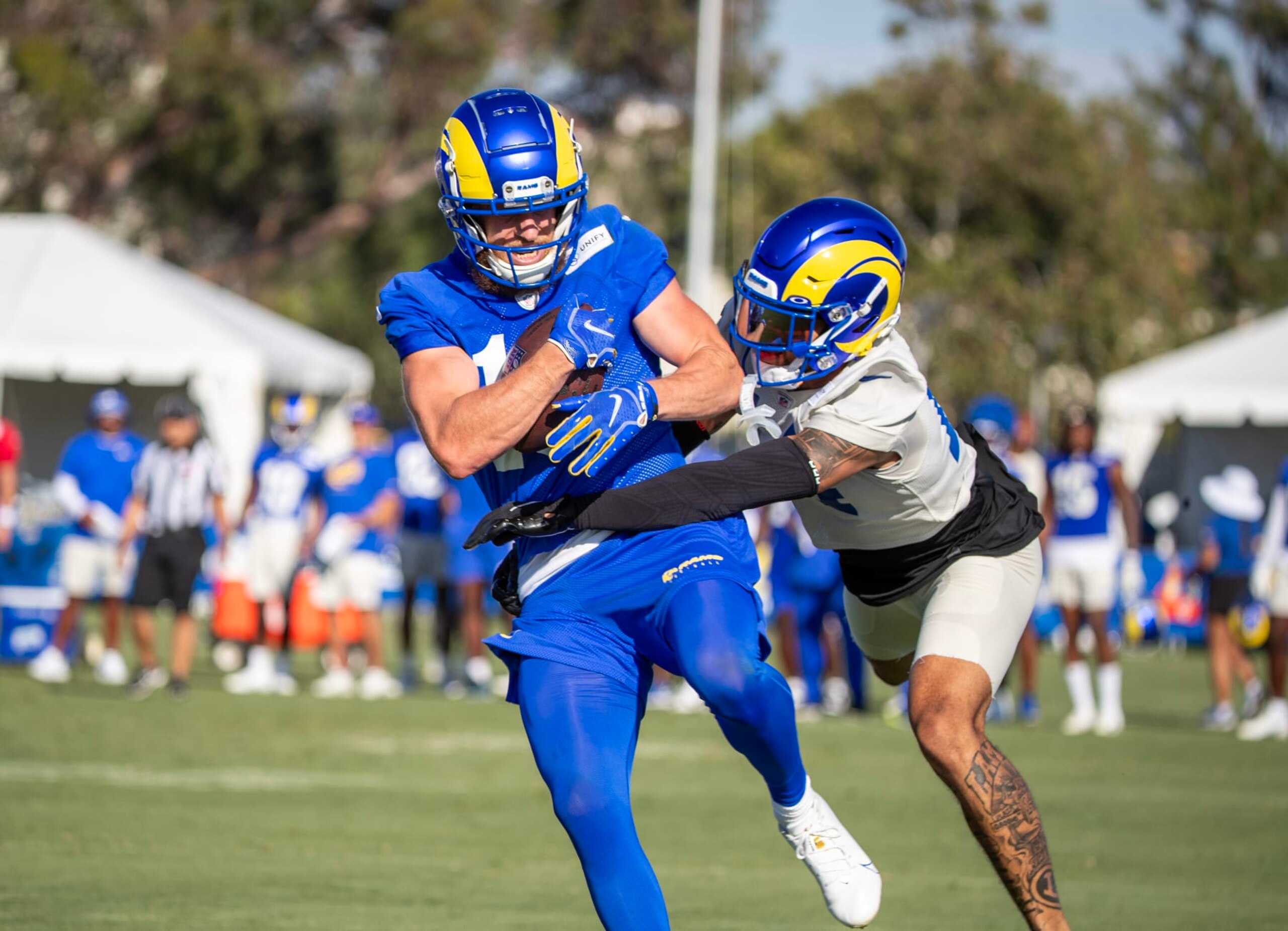 Irvine, CA - July 27:  Rams wide receiver Cooper Kupp hauls in a pass during Rams training camp at UCI in Irvine Thursday, July 27, 2023.  (Allen J. Schaben / Los Angeles Times via Getty Images)