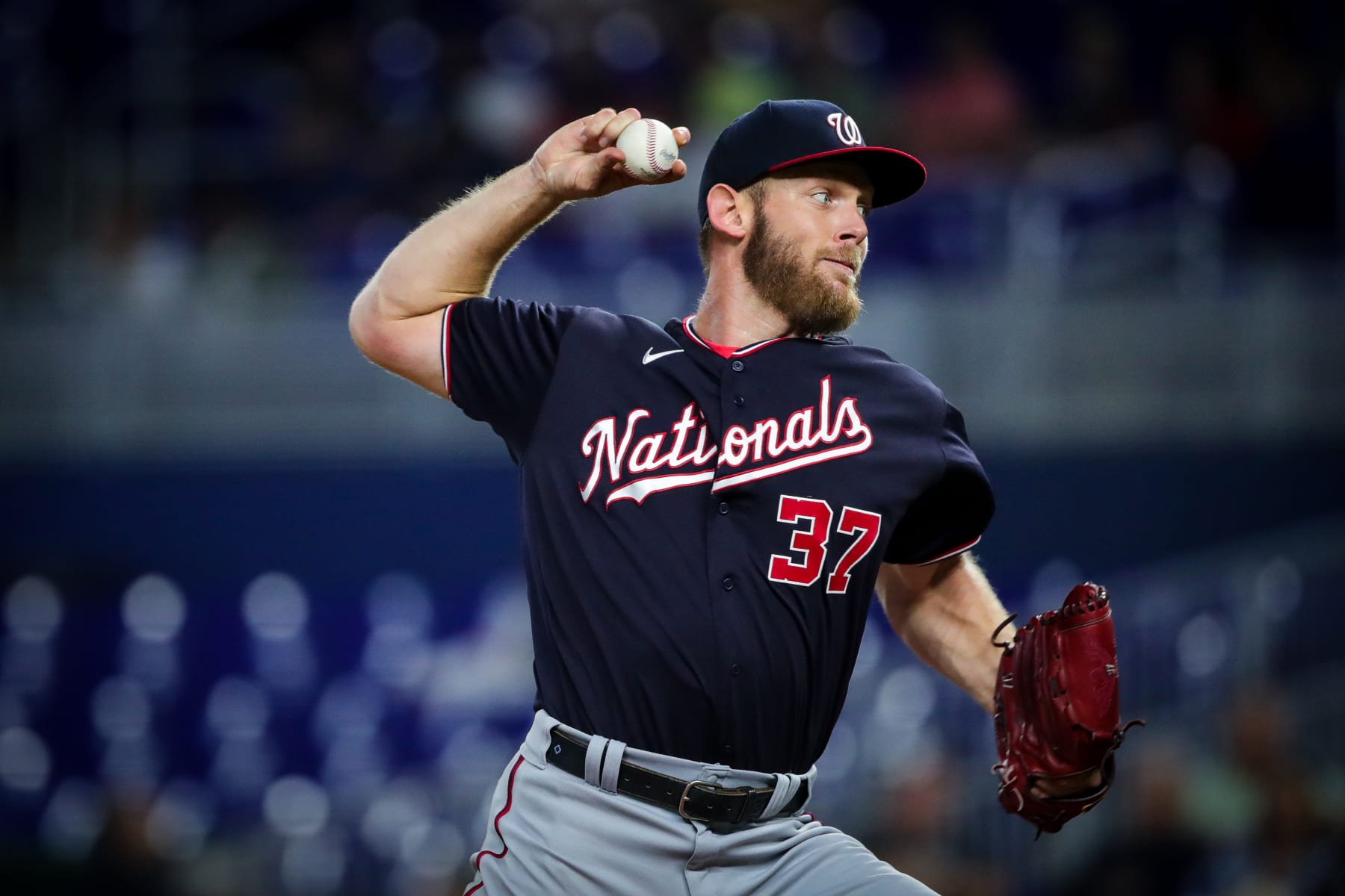 MIAMI, FL - JUNE 09: Stephen Strasburg #37 of the Washington Nationals delivers a pitch in the fourth inning during the game between the Washington Nationals and the Miami Marlins at loanDepot park on Thursday, June 9, 2022 in Miami, Florida. (Photo by Kelly Gavin/MLB Photos via Getty Images)