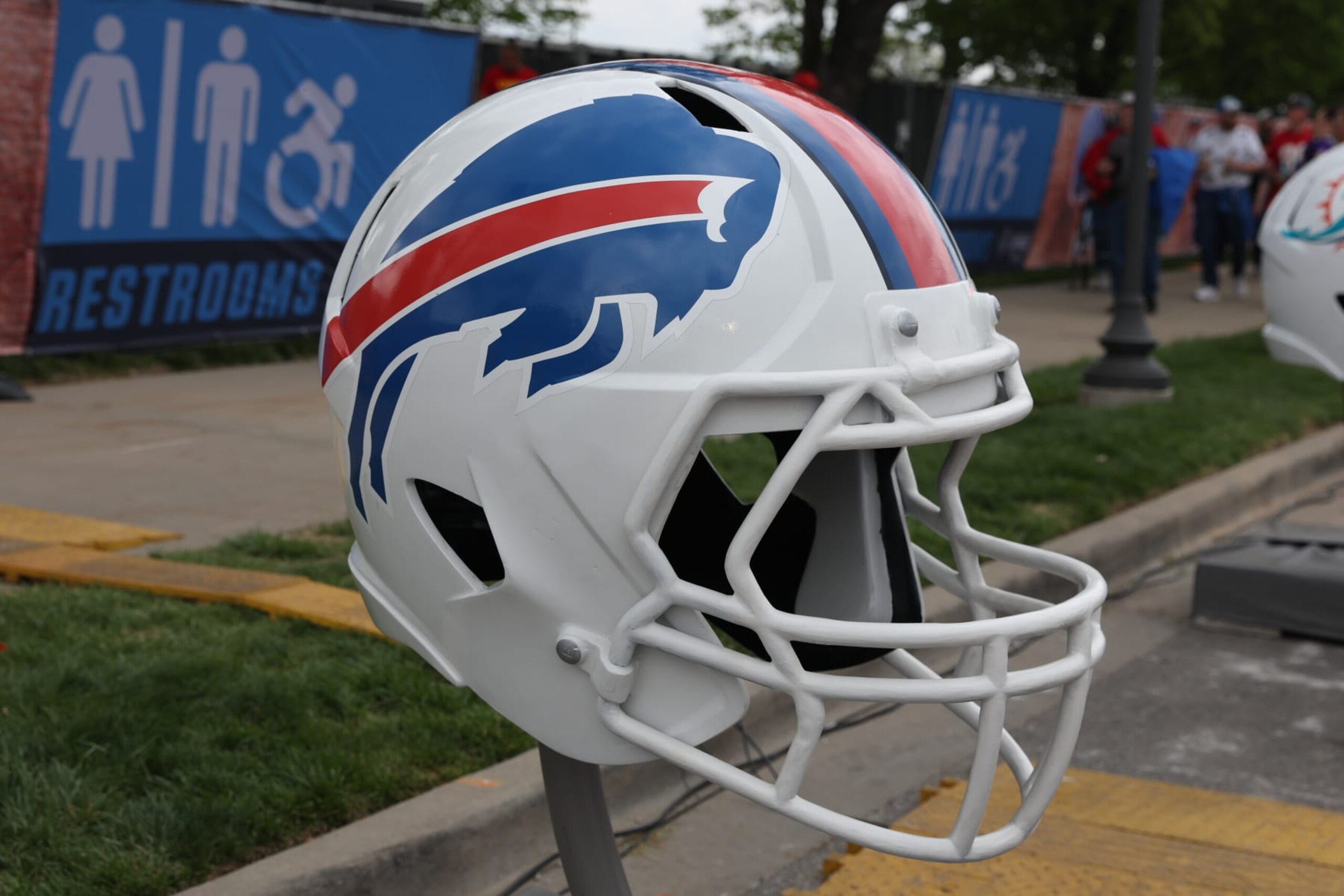 KANSAS CITY, MO - APRIL 27: A view of a Buffalo Bills helmet before the first round of the NFL Draft on April 27, 2023 at Union Station in Kansas City, MO. (Photo by Scott Winters/Icon Sportswire via Getty Images)
