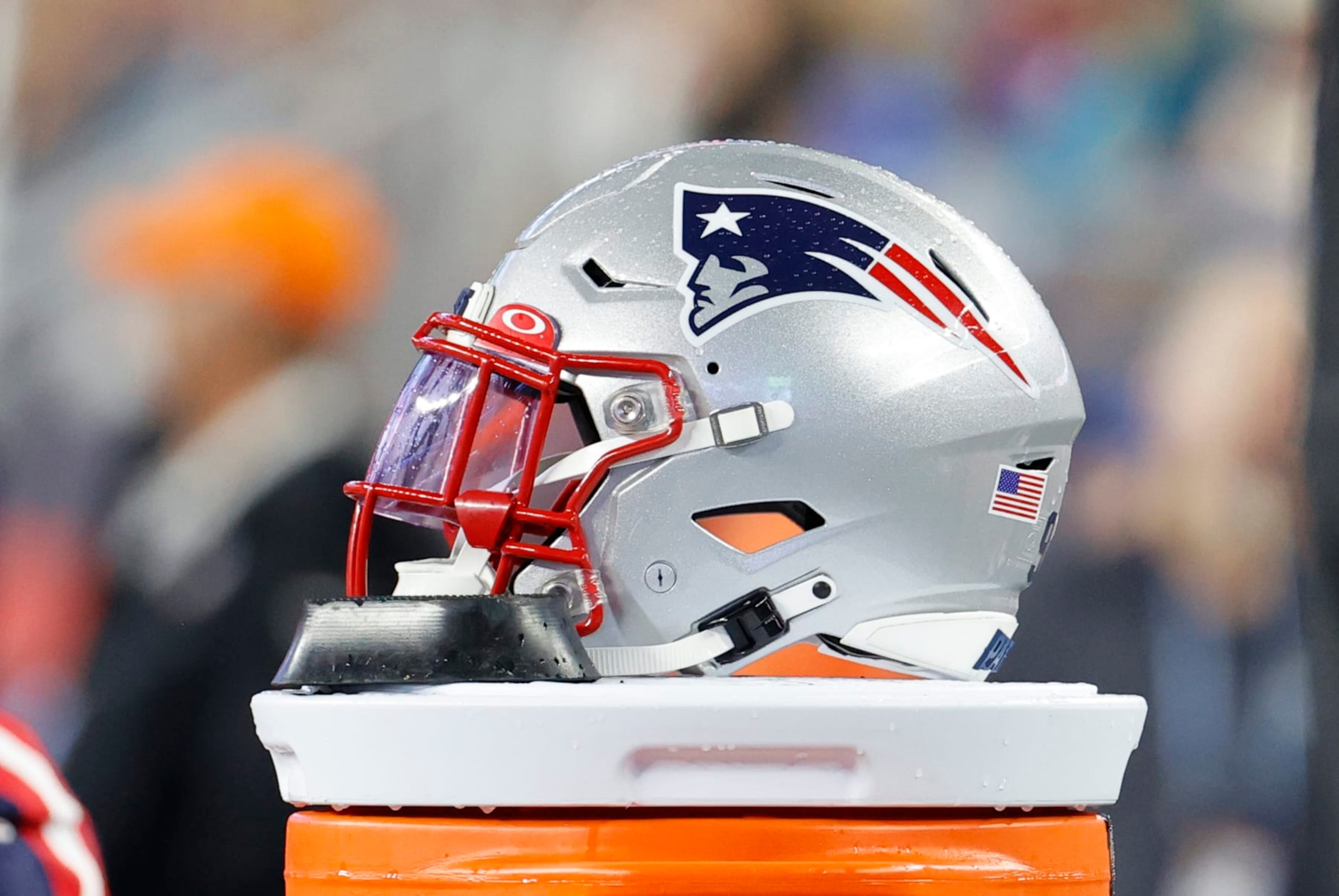 FOXBOROUGH, MA - AUGUST 10: Patriots helmet during a preseason game between the New England Patriots and the Houston Texans on August 10, 2023, at Gillette Stadium in Foxborough, Massachusetts. (Photo by Fred Kfoury III/Icon Sportswire via Getty Images)