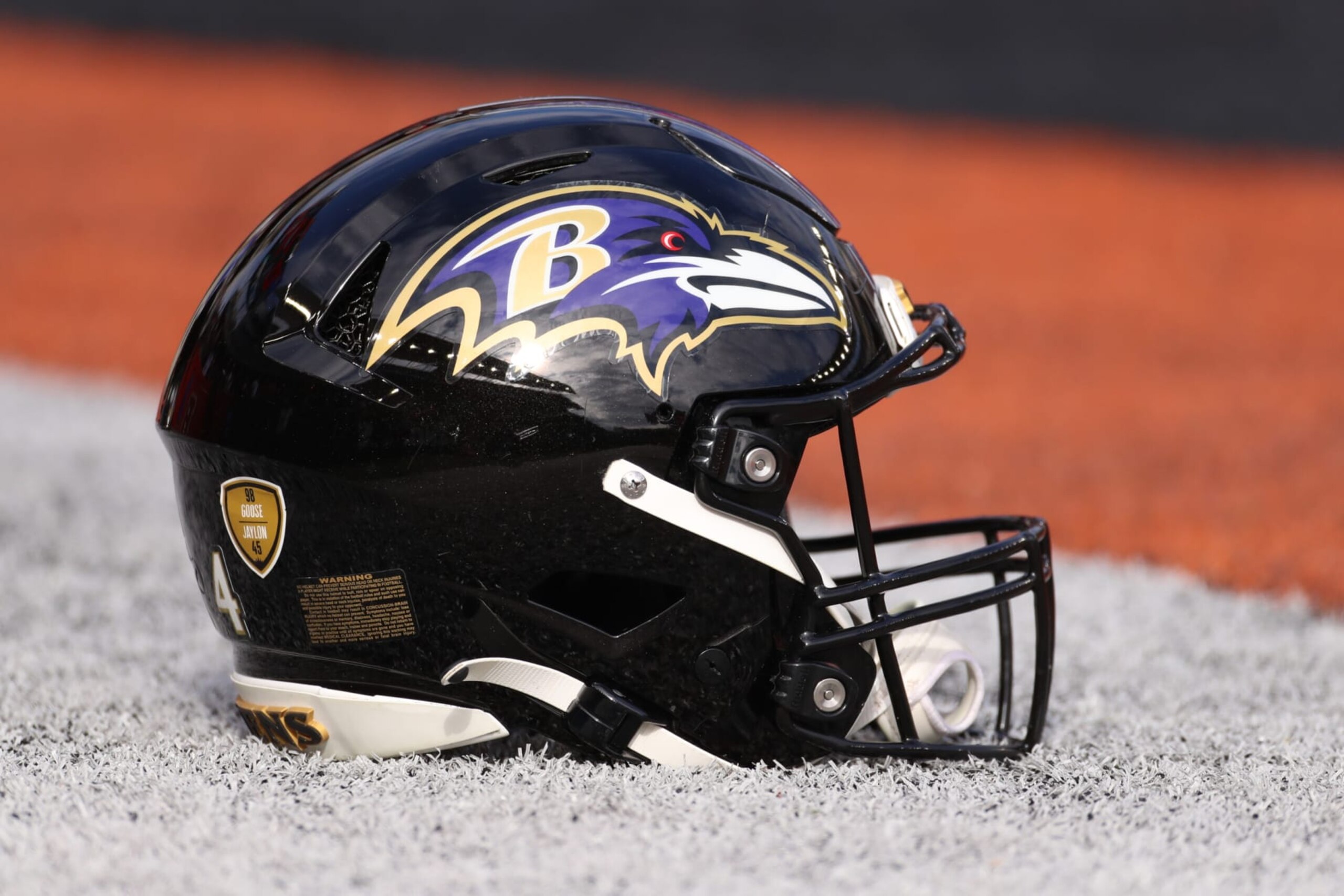 CINCINNATI, OH - JANUARY 08: A Baltimore Ravens helmet sits on field during the game against the Baltimore Ravens and the Cincinnati Bengals on January 8, 2023, at Paycor Stadium in Cincinnati, OH. (Photo by Ian Johnson/Icon Sportswire via Getty Images)