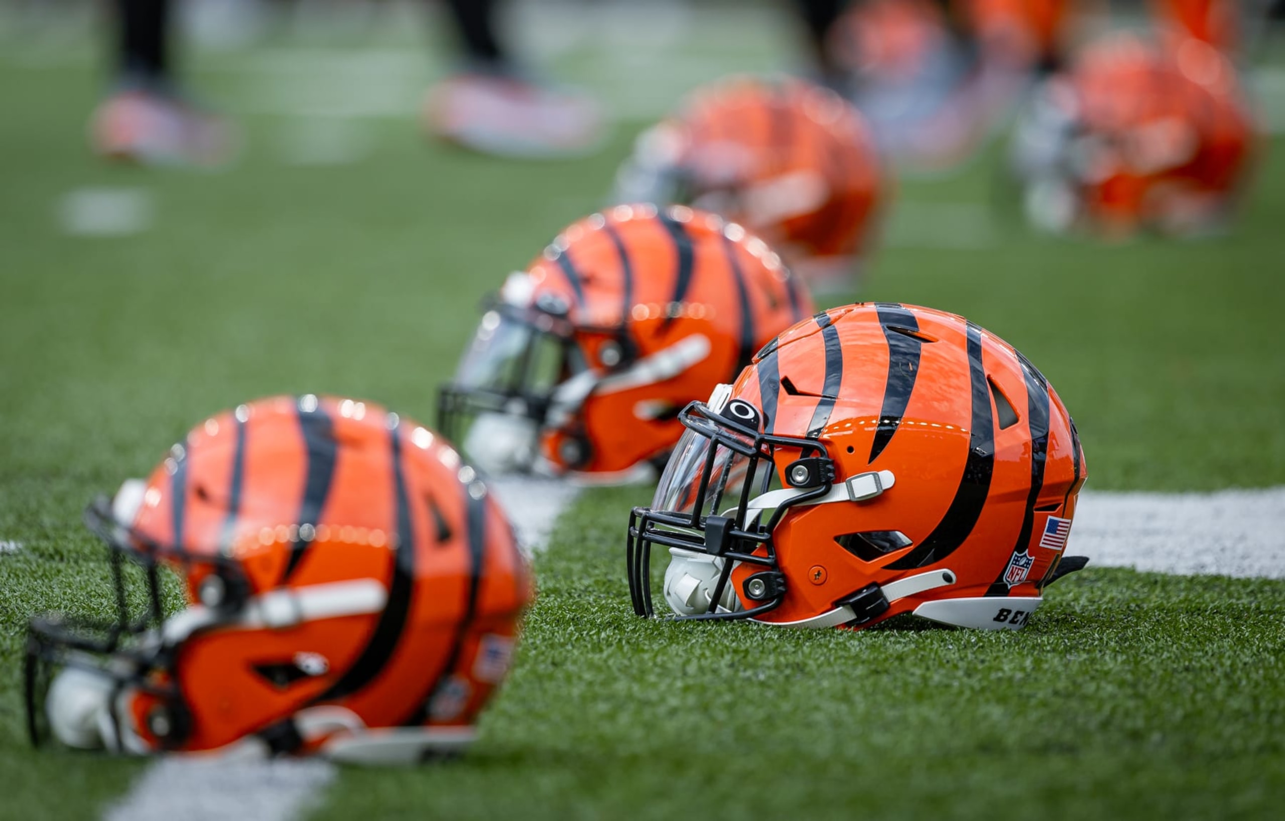 CINCINNATI, OHIO - AUGUST 11: Cincinnati Bengals helmets are seen before the game against the Green Bay Packers at Paycor Stadium on August 11, 2023 in Cincinnati, Ohio. (Photo by Michael Hickey/Getty Images)