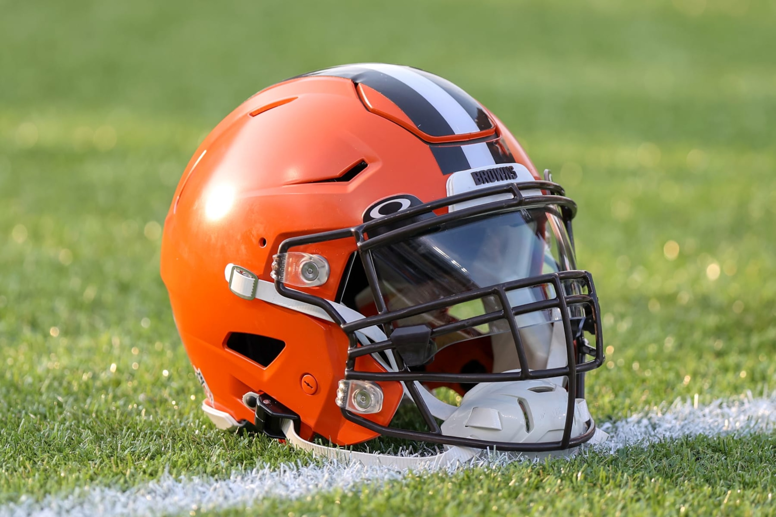 CANTON, OH - AUGUST 03: A Cleveland Browns helmet on the field prior to the National Football League Hall of Fame preseason game between the New York Jets and Cleveland Browns on August 3, 2023, at the Tom Benson Hall of Fame Stadium in Canton, OH. (Photo by Frank Jansky/Icon Sportswire via Getty Images)