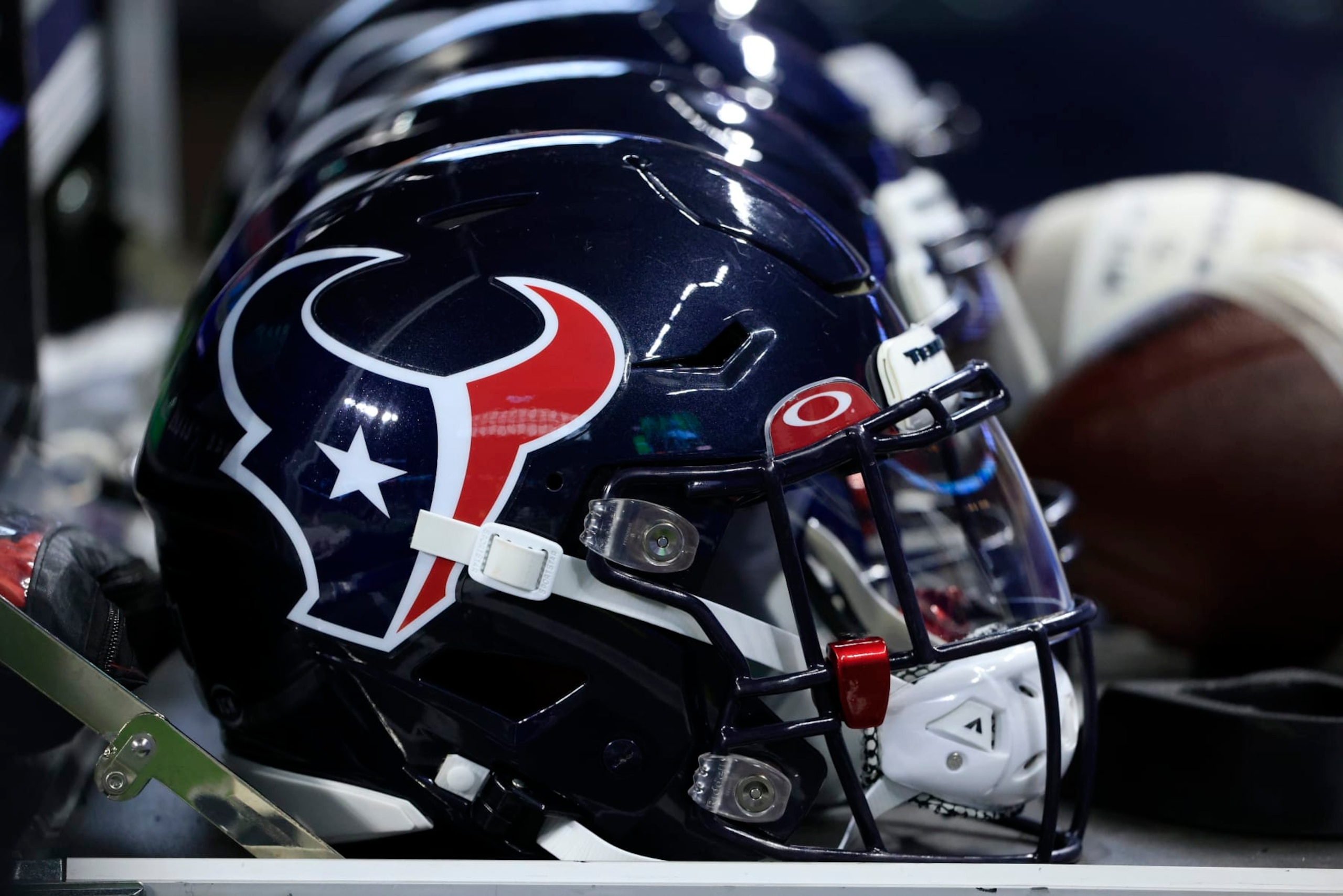 INDIANAPOLIS, INDIANA - JANUARY 08: A Houston Texans helmet on the sidelines gaic at Lucas Oil Stadium on January 08, 2023 in Indianapolis, Indiana. (Photo by Justin Casterline/Getty Images)
