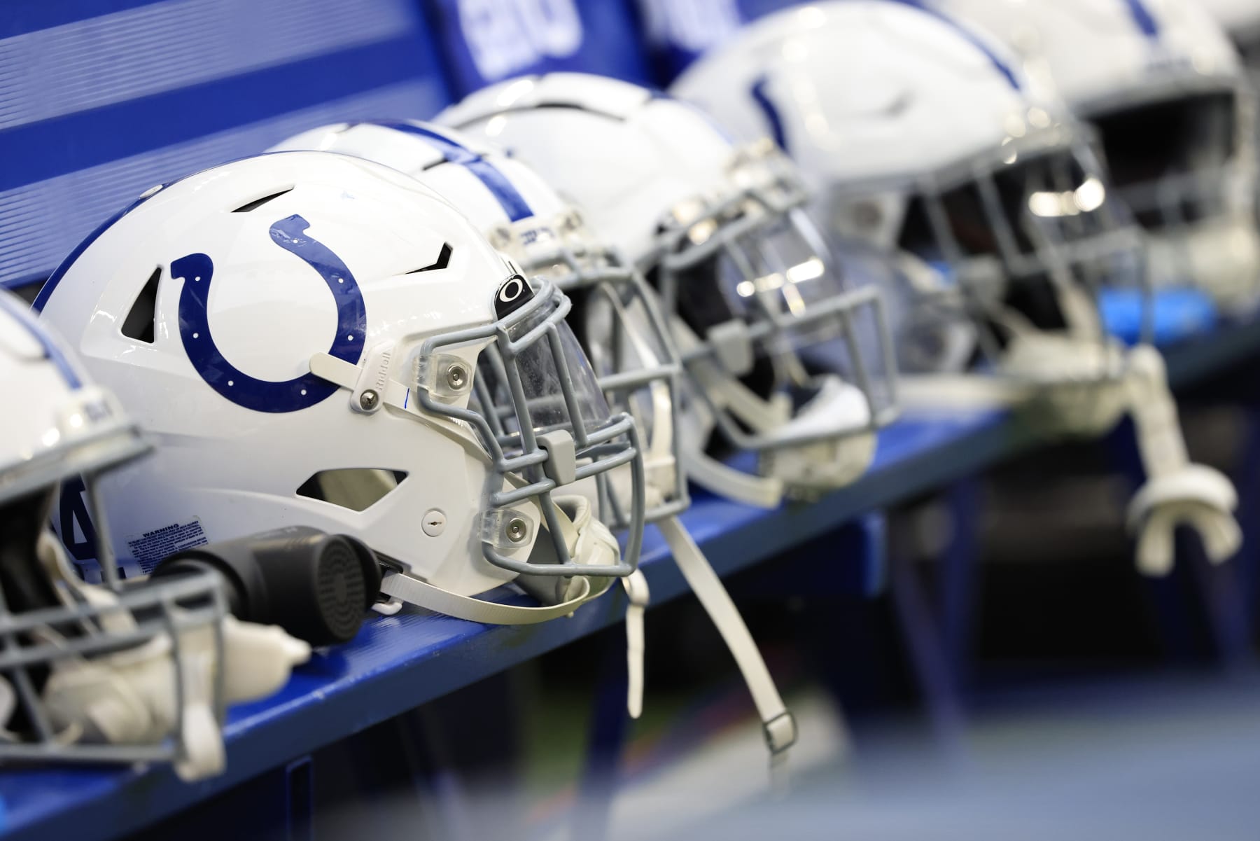 INDIANAPOLIS, INDIANA - AUGUST 19: General view of Indianapolis Colts helmets on the sidelines of the preseason game against the Chicago Bears at Lucas Oil Stadium on August 19, 2023 in Indianapolis, Indiana. (Photo by Justin Casterline/Getty Images)