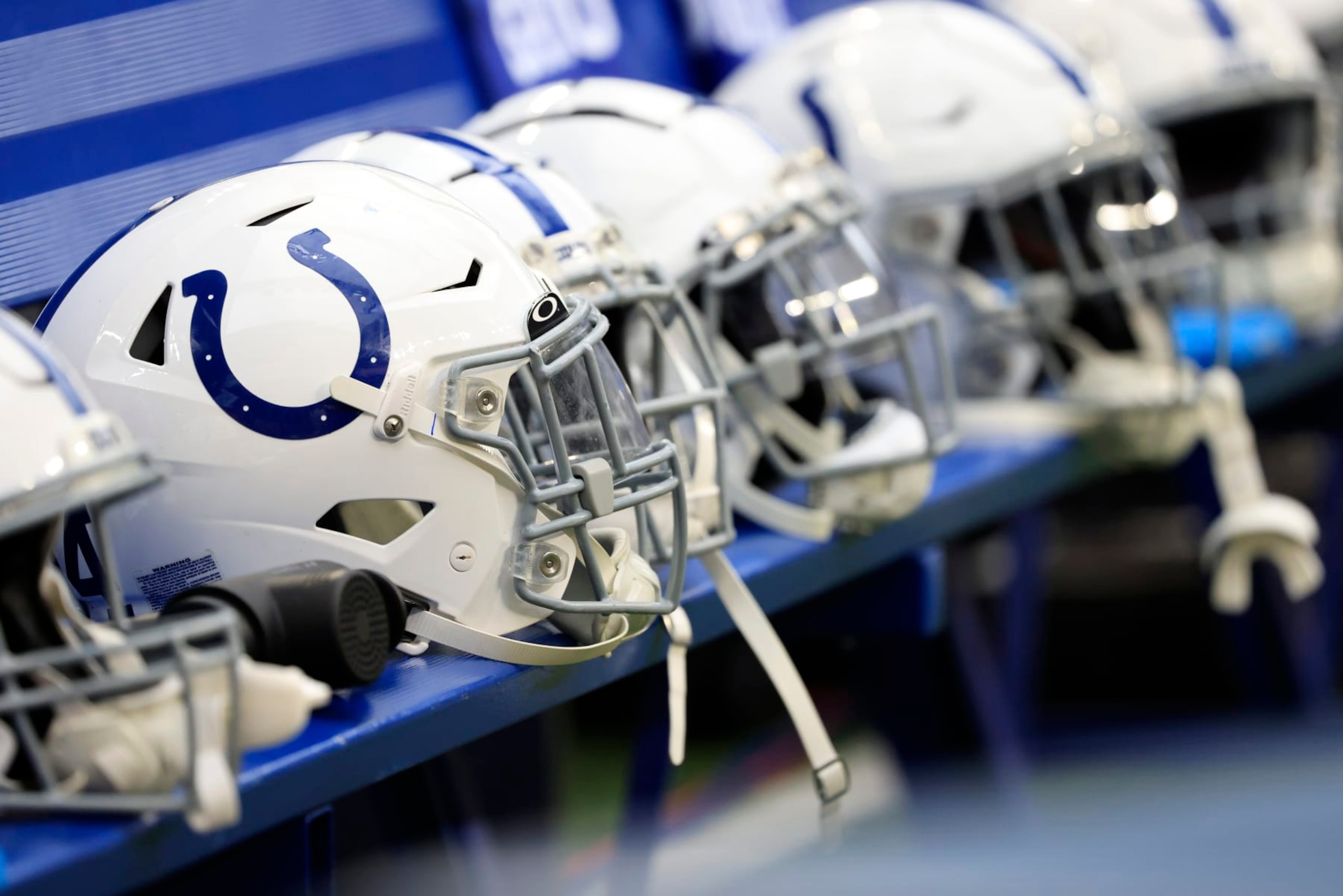 INDIANAPOLIS, INDIANA - AUGUST 19: General view of Indianapolis Colts helmets on the sidelines of the preseason game against the Chicago Bears at Lucas Oil Stadium on August 19, 2023 in Indianapolis, Indiana. (Photo by Justin Casterline/Getty Images)