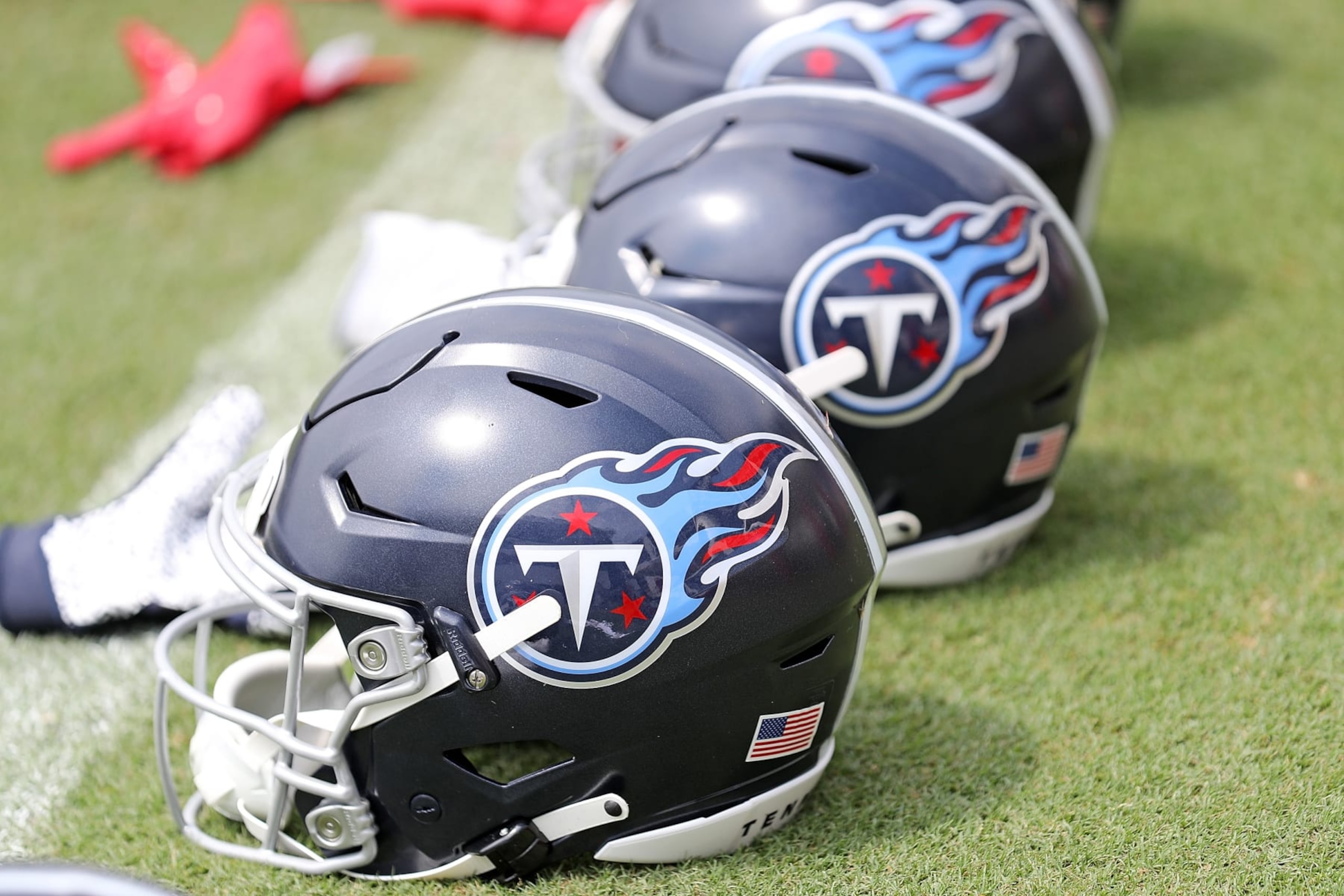 NASHVILLE, TENNESSEE - JULY 29: A general view of Tennessee Titans helmets during training camp at Ascension Saint Thomas Sports Park on July 29, 2023 in Nashville, Tennessee. (Photo by Justin Ford/Getty Images)