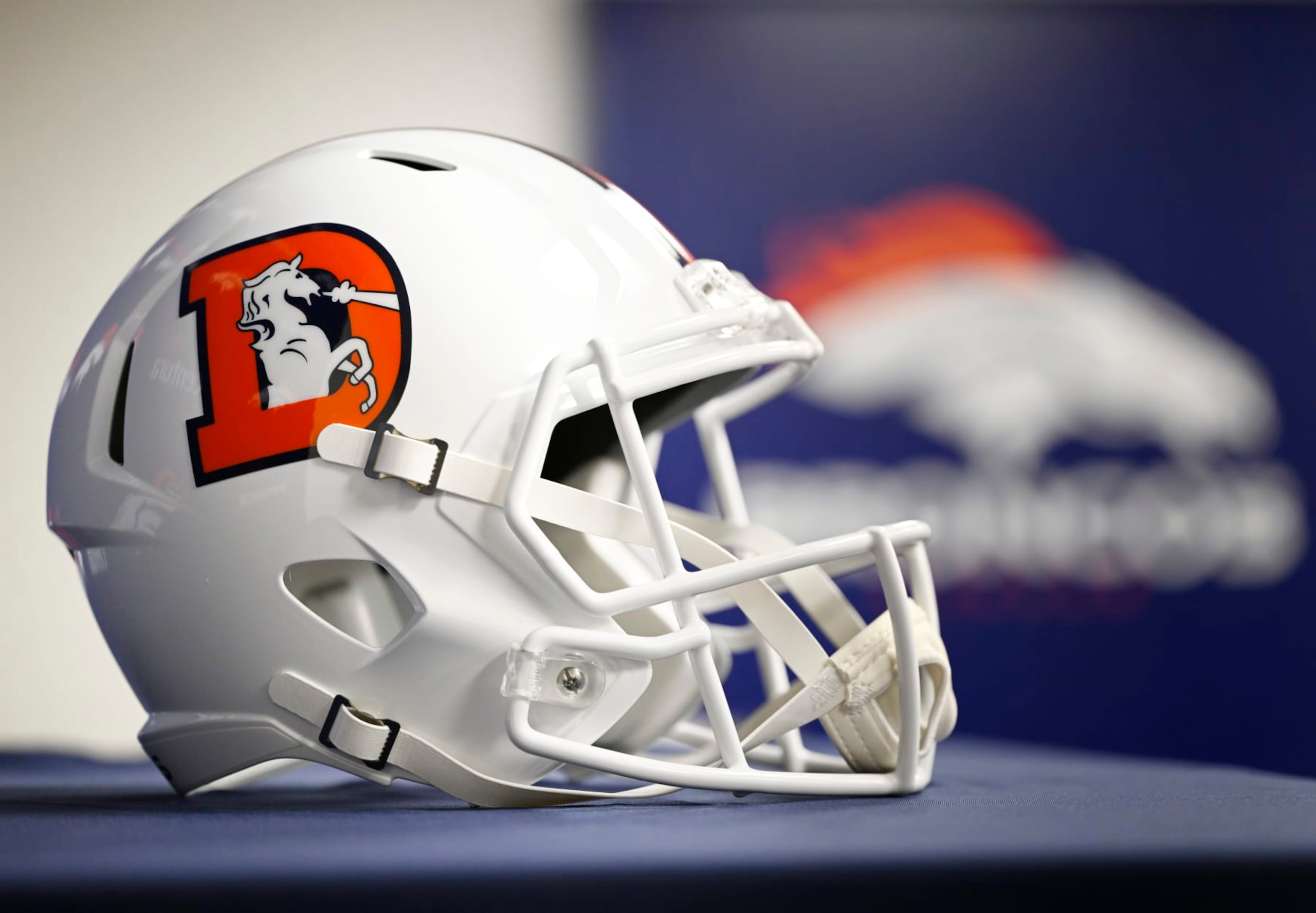 CENTENNIAL, COLORADO - JULY 26: Denver Broncos unveil new snowcapped alternate helmet recently and brought it out for the media during the training camp at Centura Health Training Center on July 26, 2023 in Centennial, Colorado.(Photo by RJ Sangosti/MediaNews Group/The Denver Post via Getty Images)
