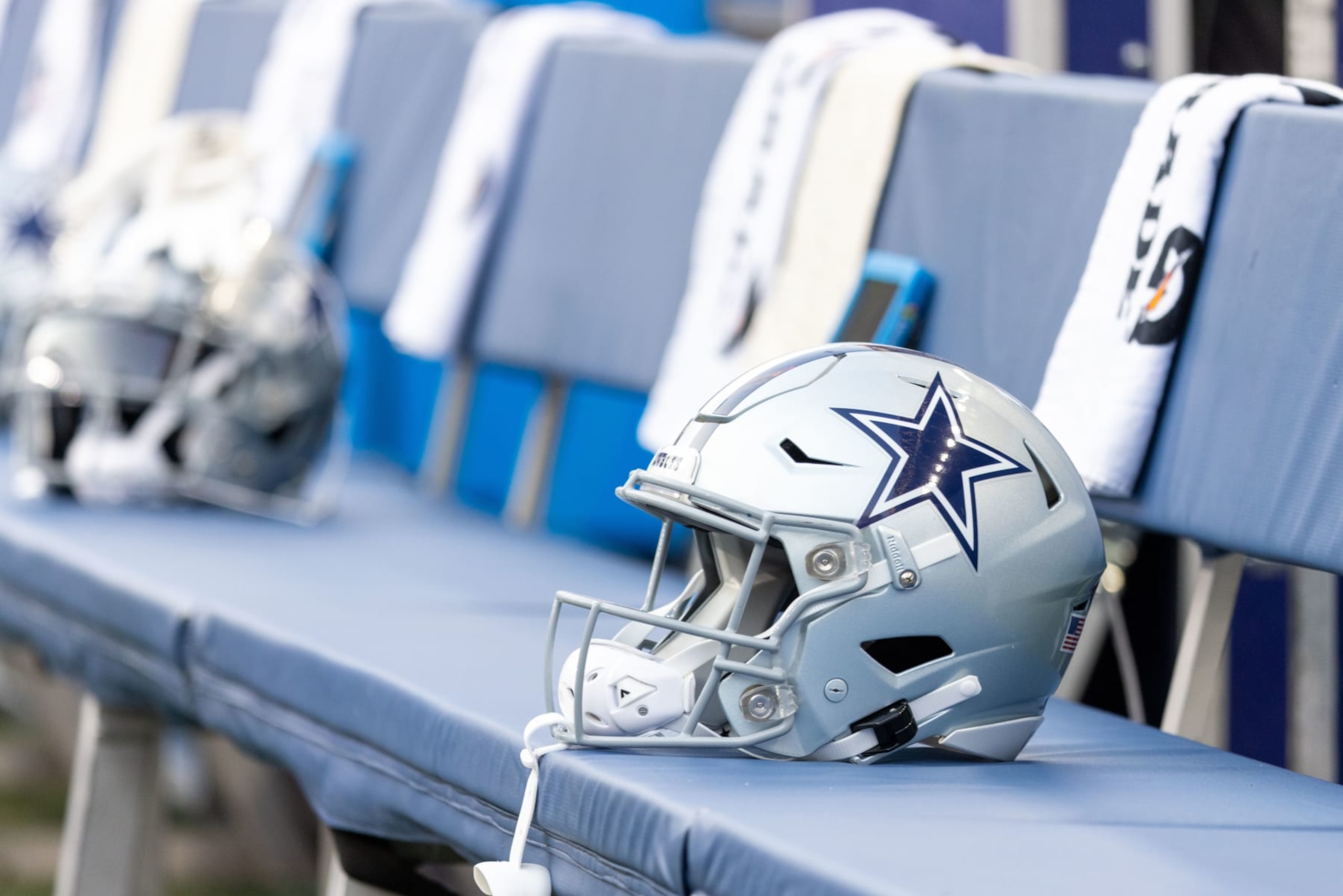 SEATTLE, WASHINGTON - AUGUST 19: A Dallas Cowboys helmet on the sidelines during a preseason game against the Seattle Seahawks  at Lumen Field on August 19, 2023 in Seattle, Washington. (Photo by Tom Hauck/Getty Images)
