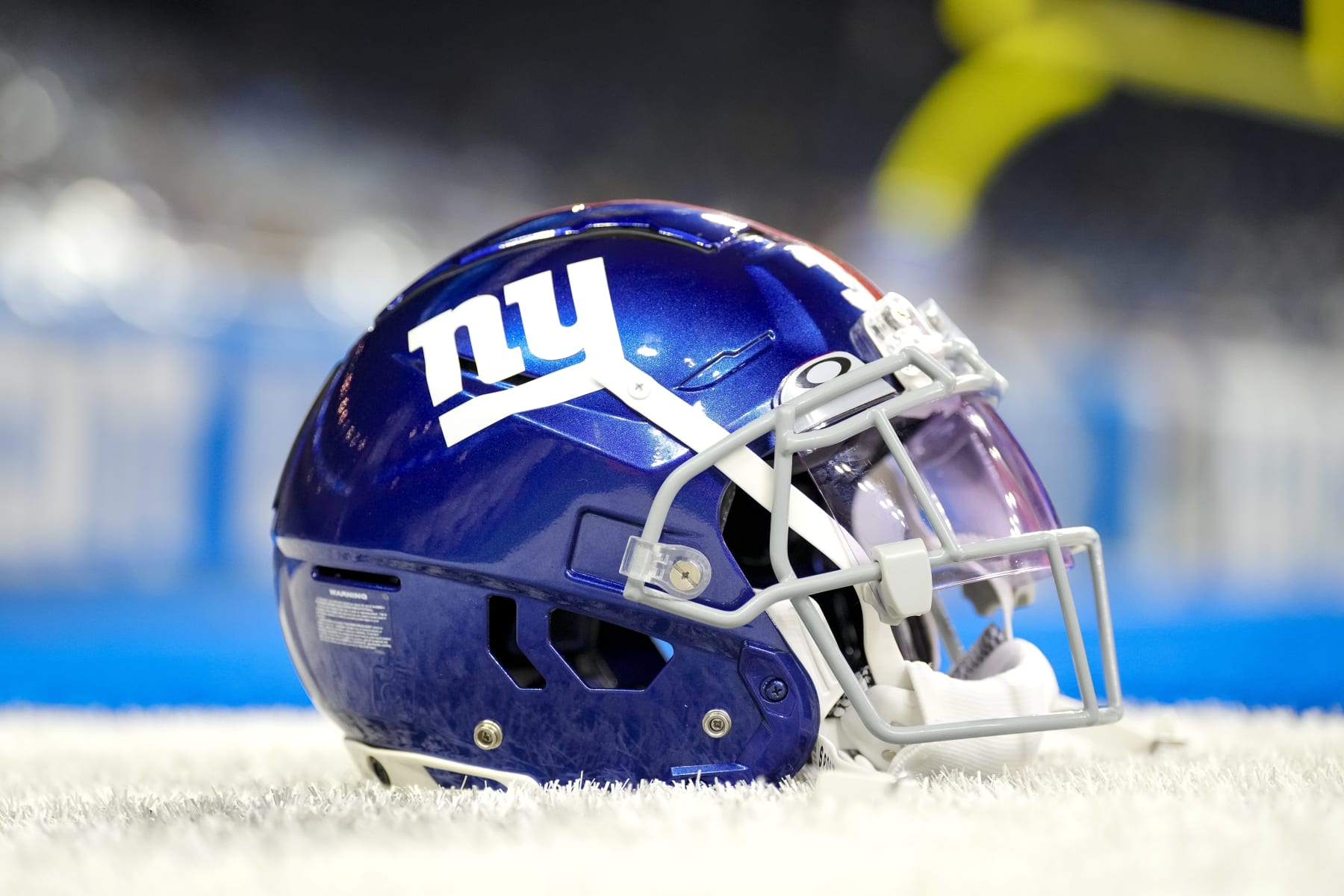 DETROIT, MICHIGAN - AUGUST 11: The New York Giants helmet is pictured before the preseason game against the Detroit Lions at Ford Field on August 11, 2023 in Detroit, Michigan. (Photo by Nic Antaya/Getty Images)