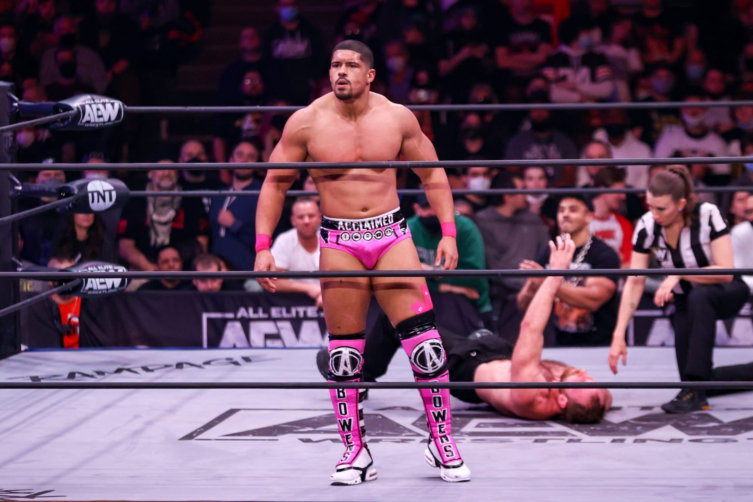 CLEVELAND, OH - JANUARY 26: Anthony Bowens in the ring during the AEW Dynamite - Beach Break taping on January 26, 2022, at the Wolstein Center in Cleveland, OH. (Photo by Frank Jansky/Icon Sportswire via Getty Images) CLEVELAND, OH - JANUARY 26: Anthony Bowens in the ring during the AEW Dynamite - Beach Break taping on January 26, 2022, at the Wolstein Center in Cleveland, OH. (Photo by Frank Jansky/Icon Sportswire via Getty Images)