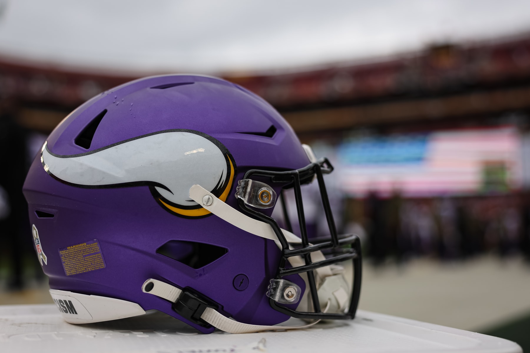 LANDOVER, MD - NOVEMBER 06: A detailed view of a Minnesota Vikings helmet on the sidelines before the game against the Washington Commanders at FedExField on November 6, 2022 in Landover, Maryland. (Photo by Scott Taetsch/Getty Images)