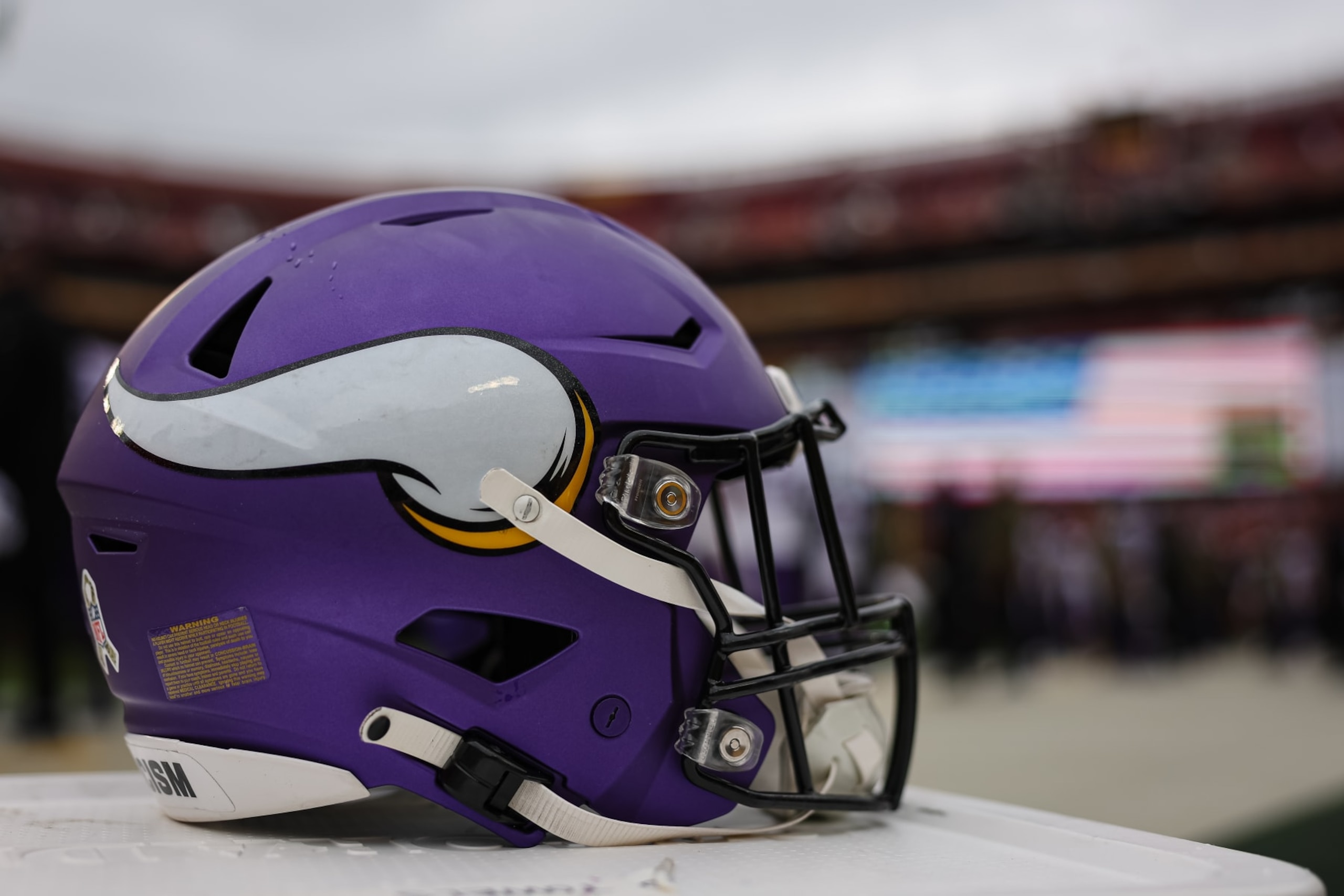 LANDOVER, MD - NOVEMBER 06: A detailed view of a Minnesota Vikings helmet on the sidelines before the game against the Washington Commanders at FedExField on November 6, 2022 in Landover, Maryland. (Photo by Scott Taetsch/Getty Images)