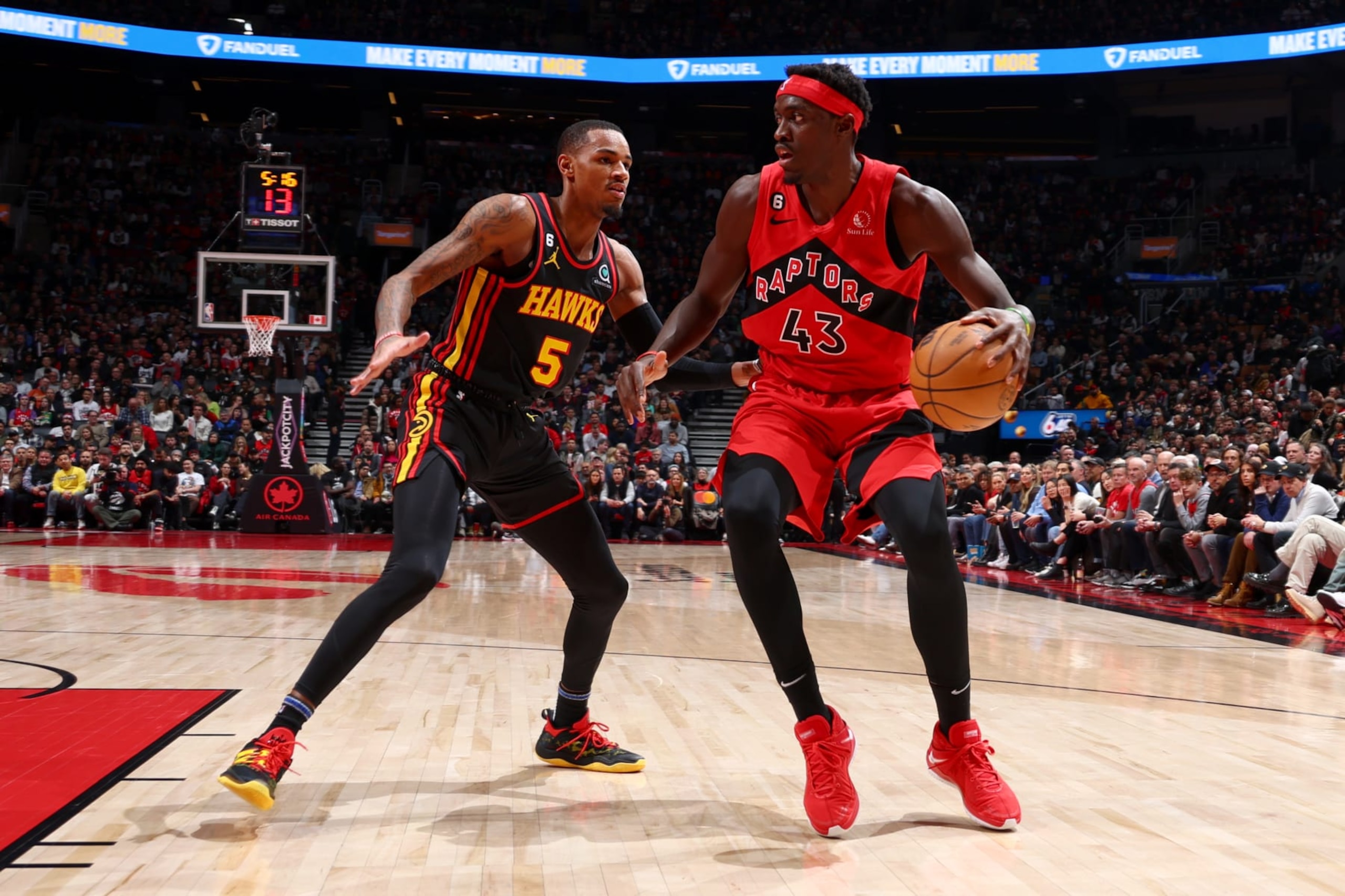 TORONTO, CANADA - JANUARY 14: Pascal Siakam #43 of the Toronto Raptors dribbles the ball during the game against the Atlanta Hawks on January 14, 2023 at the Scotiabank Arena in Toronto, Ontario, Canada. NOTE TO USER: User expressly acknowledges and agrees that, by downloading and or using this Photograph, user is consenting to the terms and conditions of the Getty Images License Agreement.  Mandatory Copyright Notice: Copyright 2023 NBAE (Photo by Vaughn Ridley/NBAE via Getty Images)