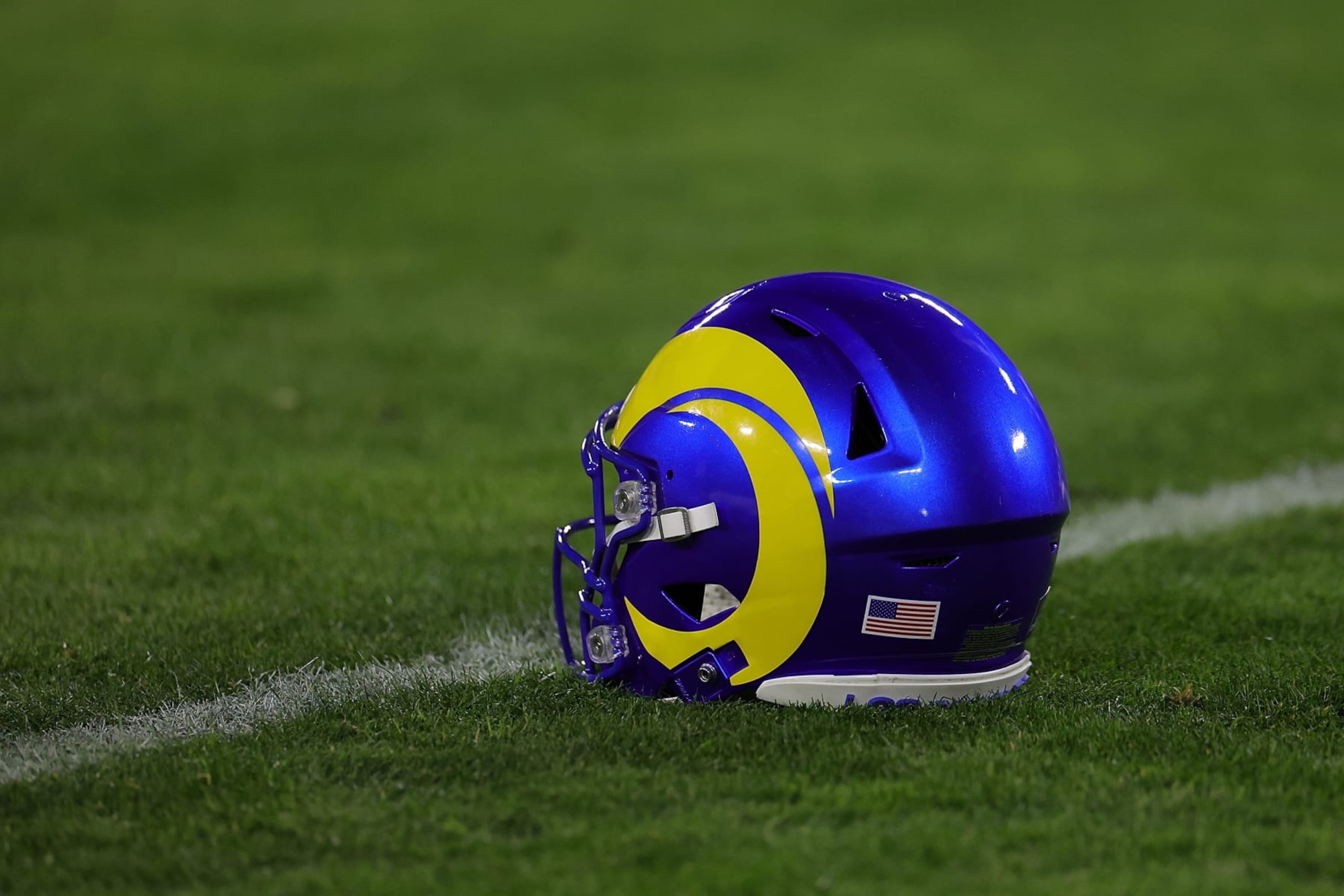 GREEN BAY, WISCONSIN - DECEMBER 19: A detailed view of a Los Angeles Rams helmet prior to a game against the Green Bay Packers at Lambeau Field on December 19, 2022 in Green Bay, Wisconsin.  The Packers defeated the Rams 24-12. (Photo by Stacy Revere/Getty Images)
