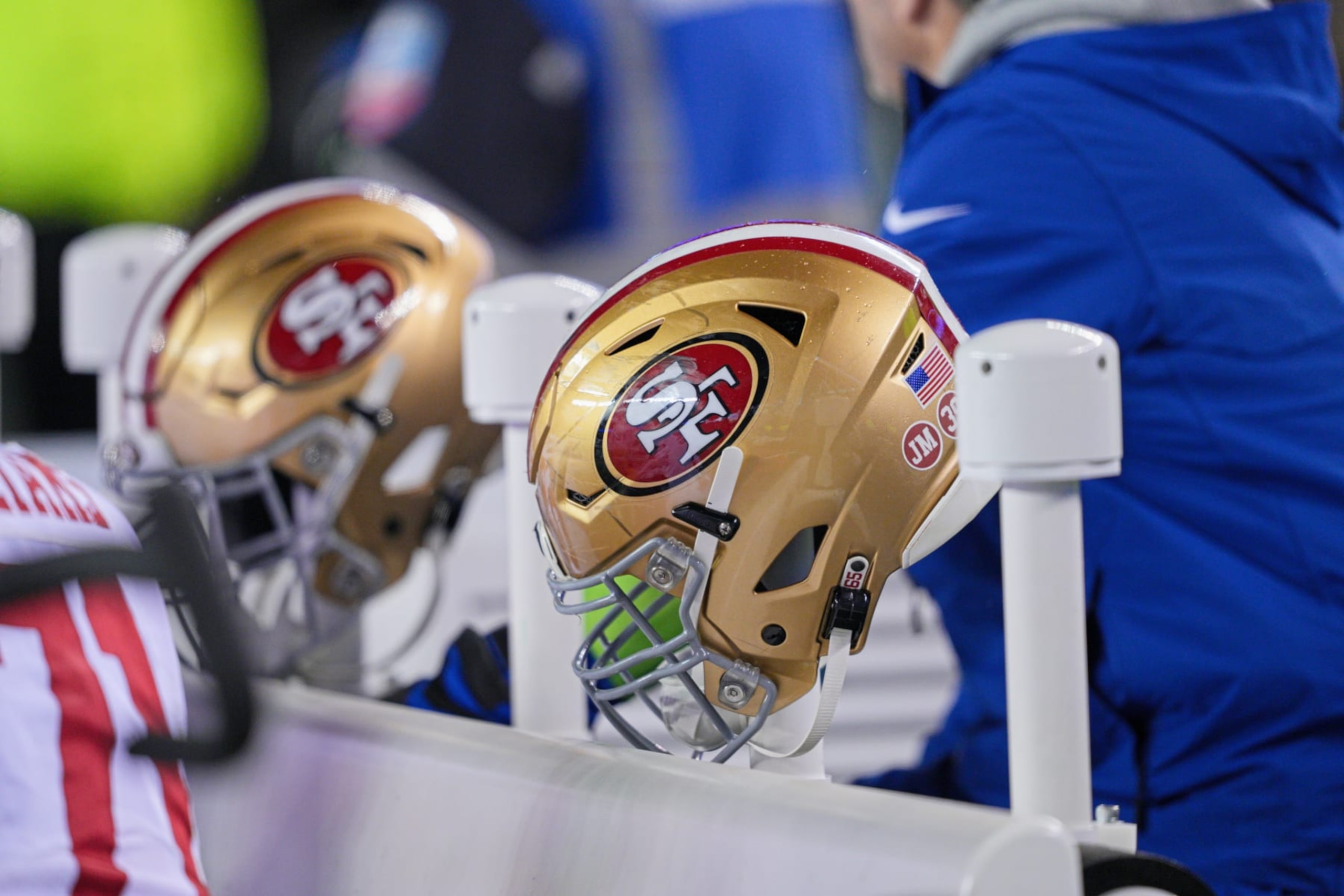 PHILADELPHIA, PA - JANUARY 29: San Francisco 49ers helmets sit on a bench during the Championship game between the San Fransisco 49ers and the Philadelphia Eagles on January 29, 2023. (Photo by Andy Lewis/Icon Sportswire via Getty Images)