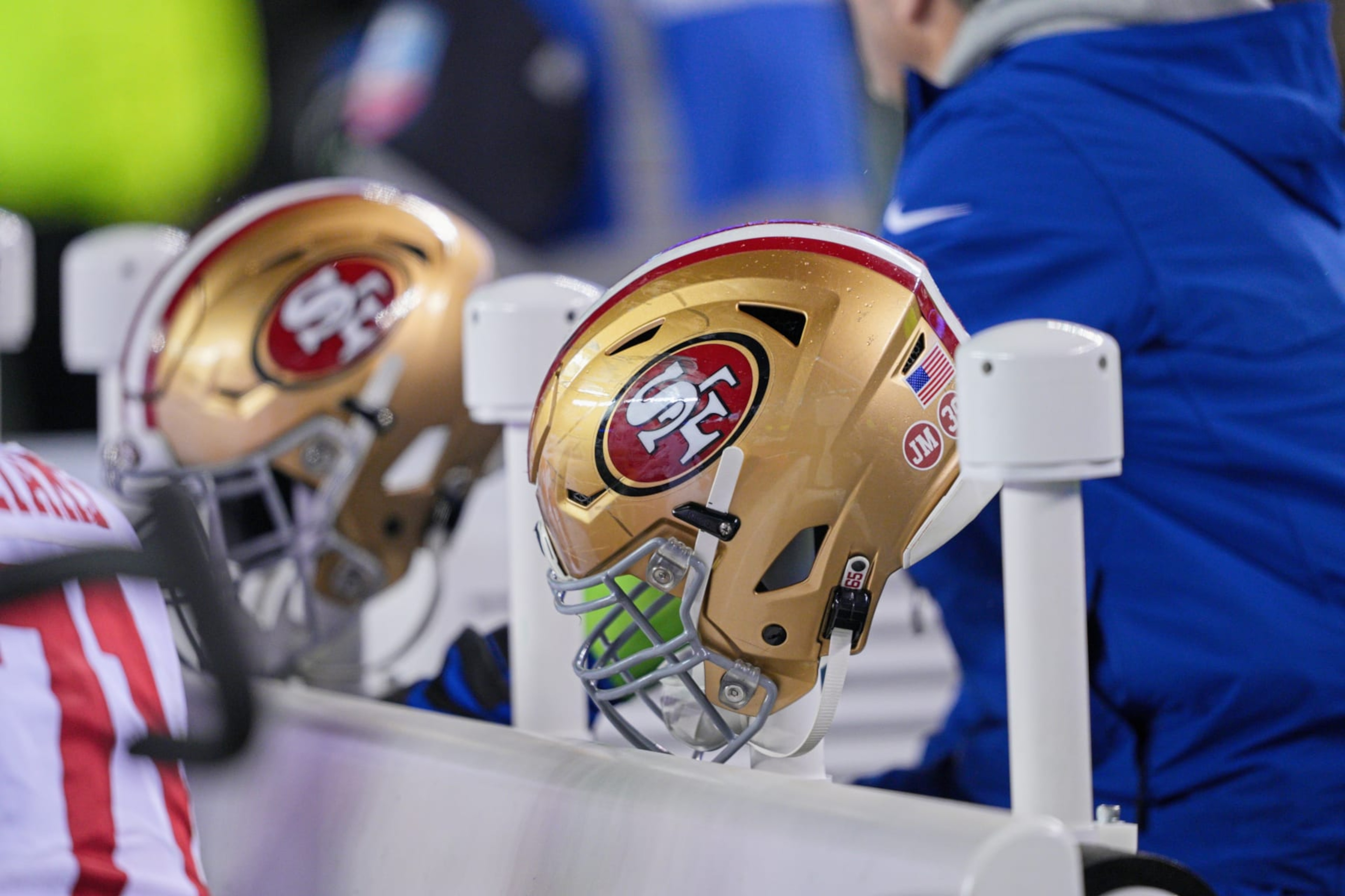 PHILADELPHIA, PA - JANUARY 29: San Francisco 49ers helmets sit on a bench during the Championship game between the San Fransisco 49ers and the Philadelphia Eagles on January 29, 2023. (Photo by Andy Lewis/Icon Sportswire via Getty Images) PHILADELPHIA, PA - JANUARY 29: San Francisco 49ers helmets sit on a bench during the Championship game between the San Fransisco 49ers and the Philadelphia Eagles on January 29, 2023. (Photo by Andy Lewis/Icon Sportswire via Getty Images)