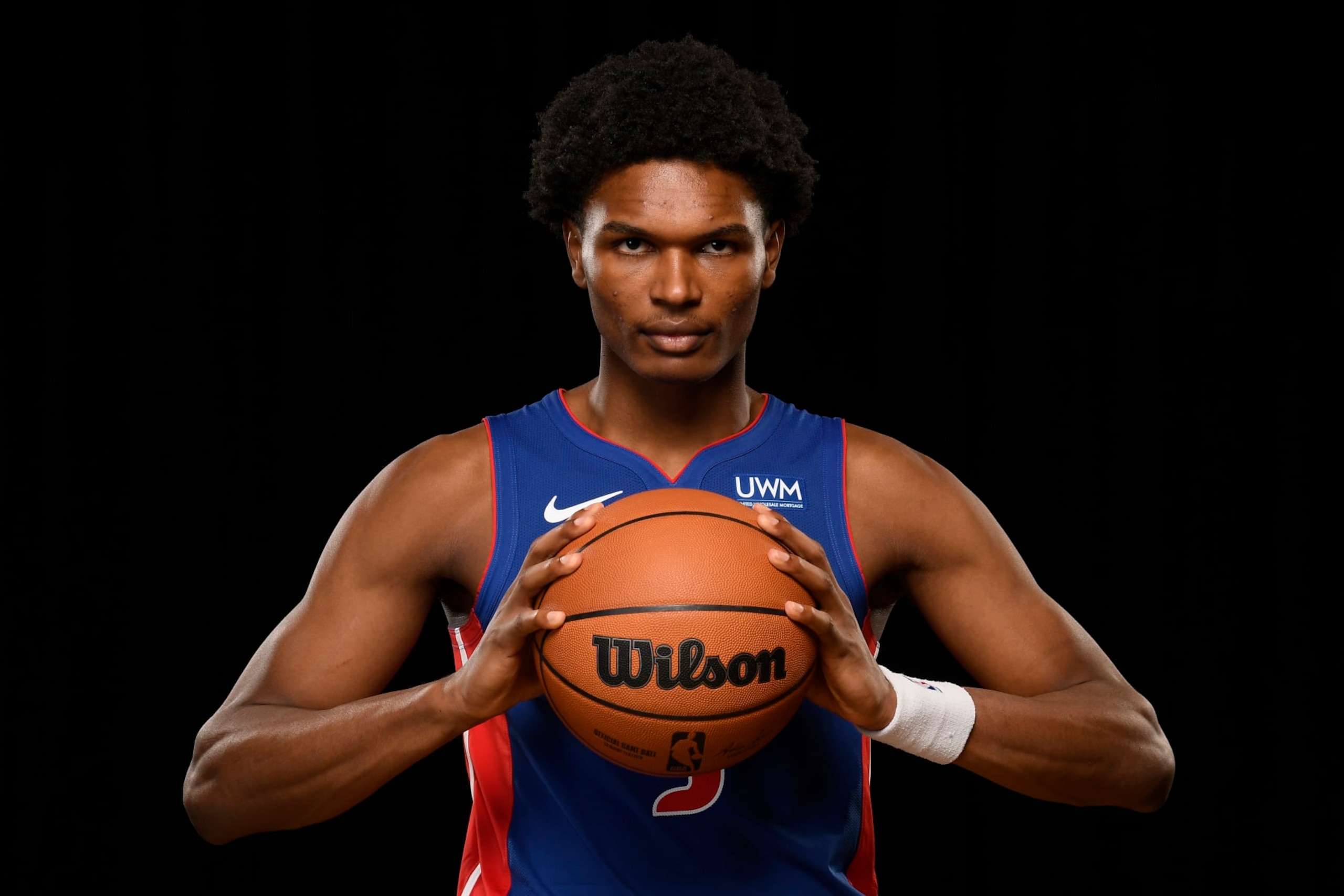 LAS VEGAS, NV - JULY 13: Ausar Thompson #9 of the Detroit Pistons poses for a portrait during the 2023 NBA Rookie Photo Shoot on July 13, 2023 at the University of Nevada, Las Vegas campus in Las Vegas, Nevada. NOTE TO USER: User expressly acknowledges and agrees that, by downloading and/or using this Photograph, user is consenting to the terms and conditions of the Getty Images License Agreement. Mandatory Copyright Notice: Copyright 2023 NBAE (Photo by Brian Babineau/NBAE via Getty Images)