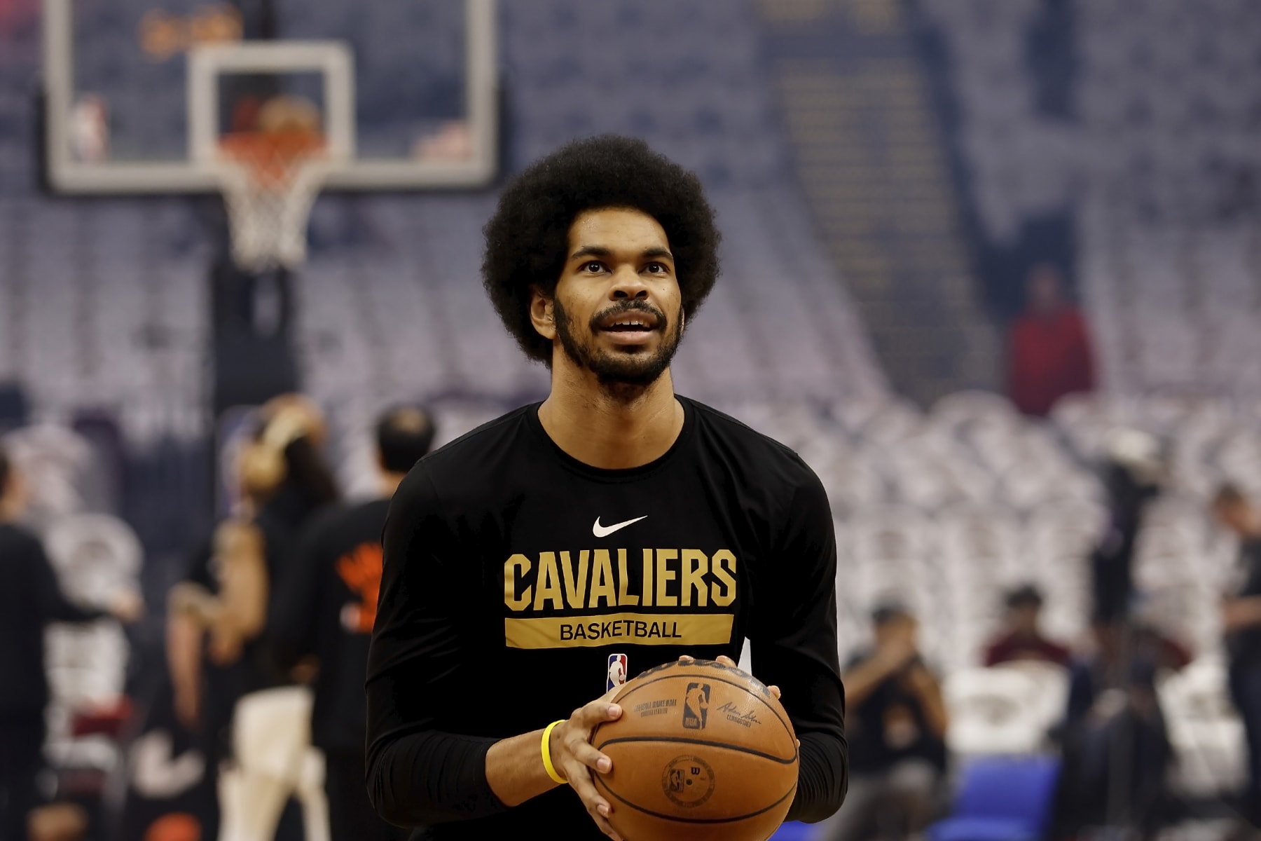 CLEVELAND, OH - APRIL 26:  Jarrett Allen #31 of the Cleveland Cavaliers warms up prior to the start of Game Five of the Eastern Conference First Round Playoffs against the New York Knicks at Rocket Mortgage Fieldhouse on April 26, 2023 in Cleveland, Ohio. NOTE TO USER: User expressly acknowledges and agrees that, by downloading and or using this photograph, User is consenting to the terms and conditions of the Getty Images License Agreement. (Photo by Kirk Irwin/Getty Images)