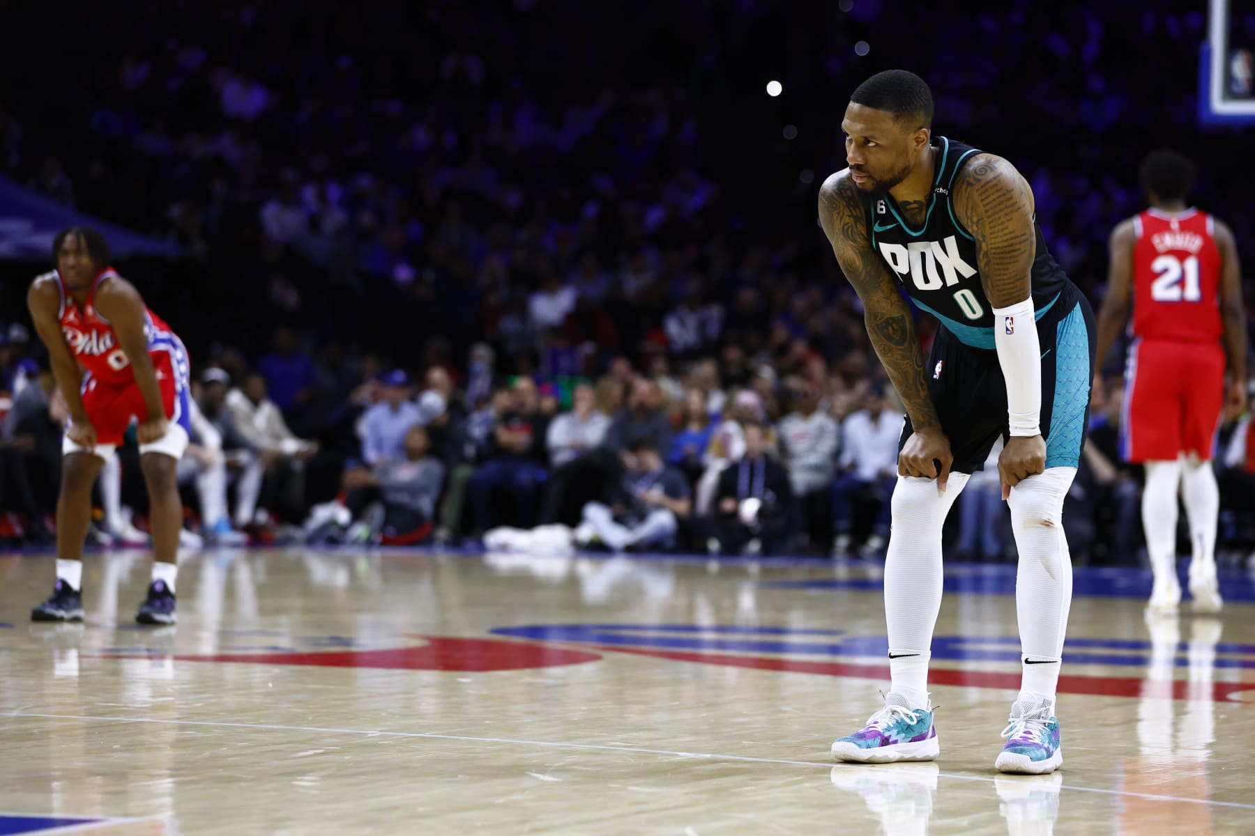 PHILADELPHIA, PA - MARCH 10: Damian Lillard #0 of the Portland Trail Blazers in action against the Philadelphia 76ers during a game at Wells Fargo Center on March 10, 2023 in Philadelphia, Pennsylvania. The 76ers defeated the Trail Blazers 120-119. NOTE TO USER: User expressly acknowledges and agrees that, by downloading and or using this photograph, User is consenting to the terms and conditions of the Getty Images License Agreement. (Photo by Rich Schultz/Getty Images)