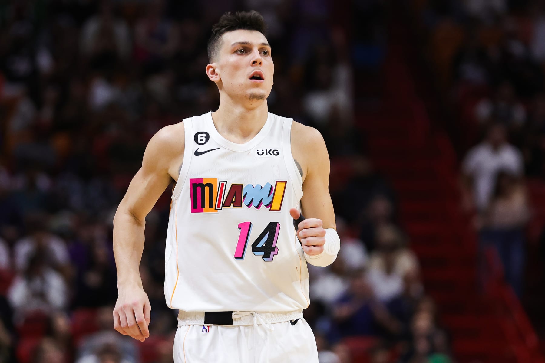 MIAMI, FLORIDA - DECEMBER 10: Tyler Herro #14 of the Miami Heat in action against the San Antonio Spurs during the second half of the game at FTX Arena on December 10, 2022 in Miami, Florida. NOTE TO USER: User expressly acknowledges and agrees that, by downloading and or using this photograph, User is consenting to the terms and conditions of the Getty Images License Agreement. (Photo by Megan Briggs/Getty Images)