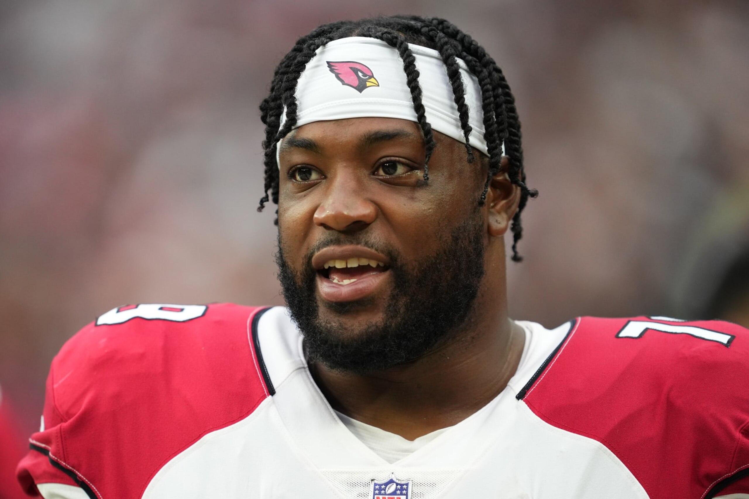LAS VEGAS, NEVADA - SEPTEMBER 18: Offensive tackle Josh Jones #79 of the Arizona Cardinals looks on during the first half of a game against the Las Vegas Raiders at Allegiant Stadium on September 18, 2022 in Las Vegas, Nevada. (Photo by Chris Unger/Getty Images) LAS VEGAS, NEVADA - SEPTEMBER 18: Offensive tackle Josh Jones #79 of the Arizona Cardinals looks on during the first half of a game against the Las Vegas Raiders at Allegiant Stadium on September 18, 2022 in Las Vegas, Nevada. (Photo by Chris Unger/Getty Images)