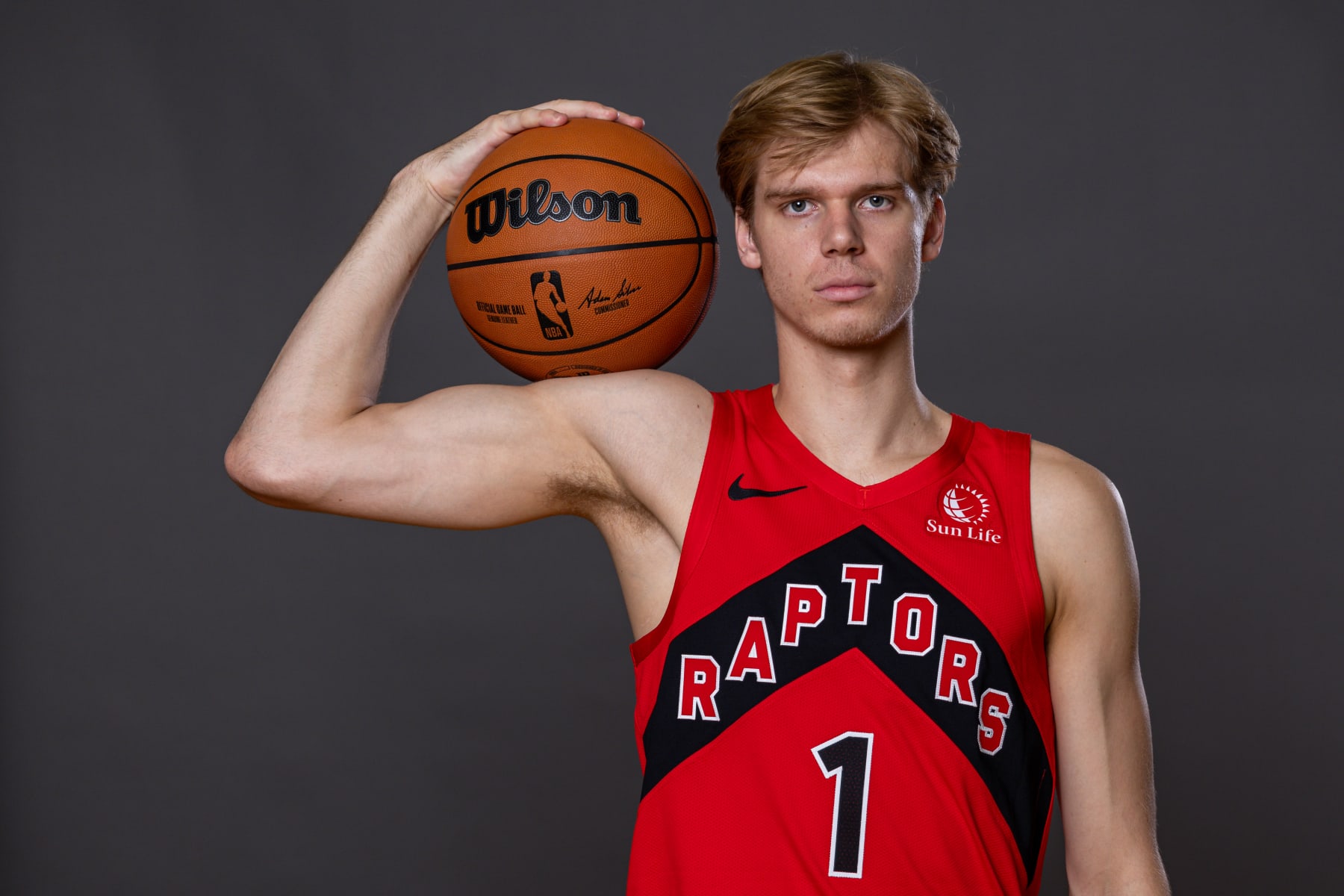 LAS VEGAS, NEVADA - JULY 14: Gradey Dick #1 of the Toronto Raptors poses for a portrait during the 2023 NBA rookie photo shoot at UNLV on July 14, 2023 in Las Vegas, Nevada. (Photo by Jamie Squire/Getty Images)