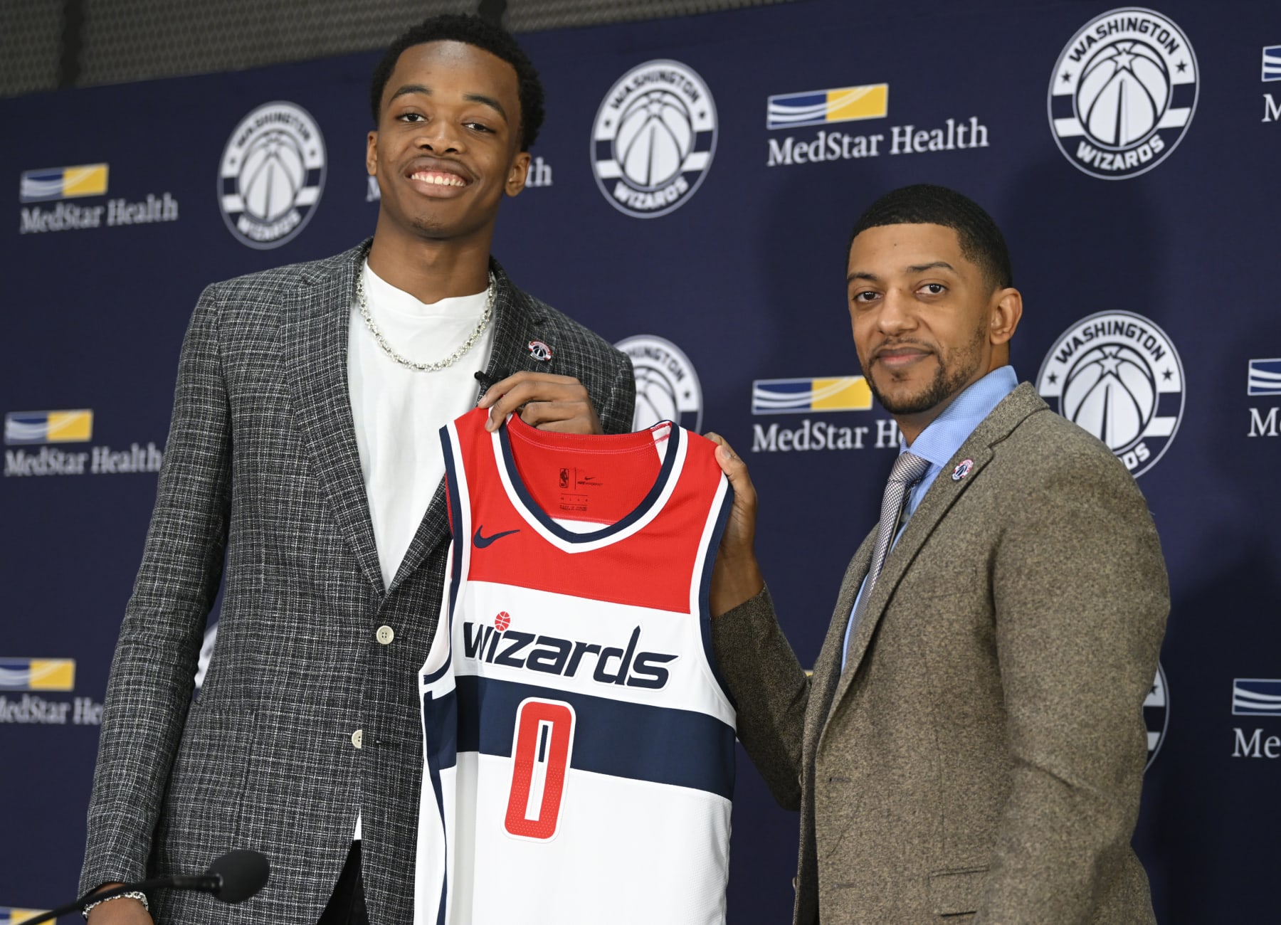 WASHINGTON, DC - JUNE 24: The Washington Wizards introduce their team's first-round draft pick, Bilal Coulibaly, left, with General Manager Will Dawkins at a press conference on June 24, 2023 at the Anthem in Washington, DC. (Photo by John McDonnell/The Washington Post via Getty Images)