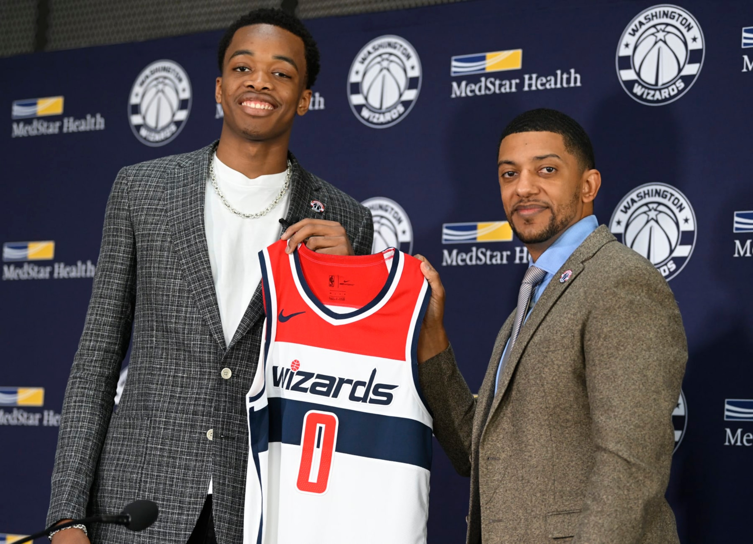 WASHINGTON, DC - JUNE 24: The Washington Wizards introduce their team's first-round draft pick, Bilal Coulibaly, left, with General Manager Will Dawkins at a press conference on June 24, 2023 at the Anthem in Washington, DC. (Photo by John McDonnell/The Washington Post via Getty Images)