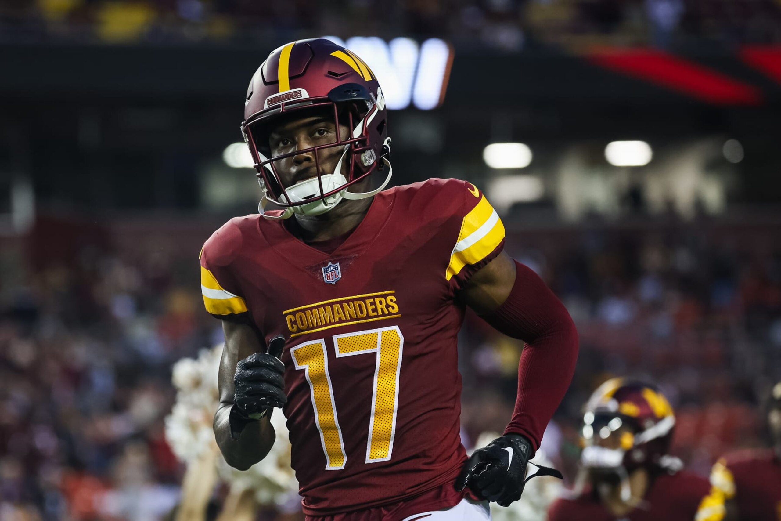 LANDOVER, MD - AUGUST 21: Terry McLaurin #17 of the Washington Commanders takes the field before the preseason game against the Baltimore Ravens at FedExField on August 21, 2023 in Landover, Maryland. (Photo by Scott Taetsch/Getty Images)