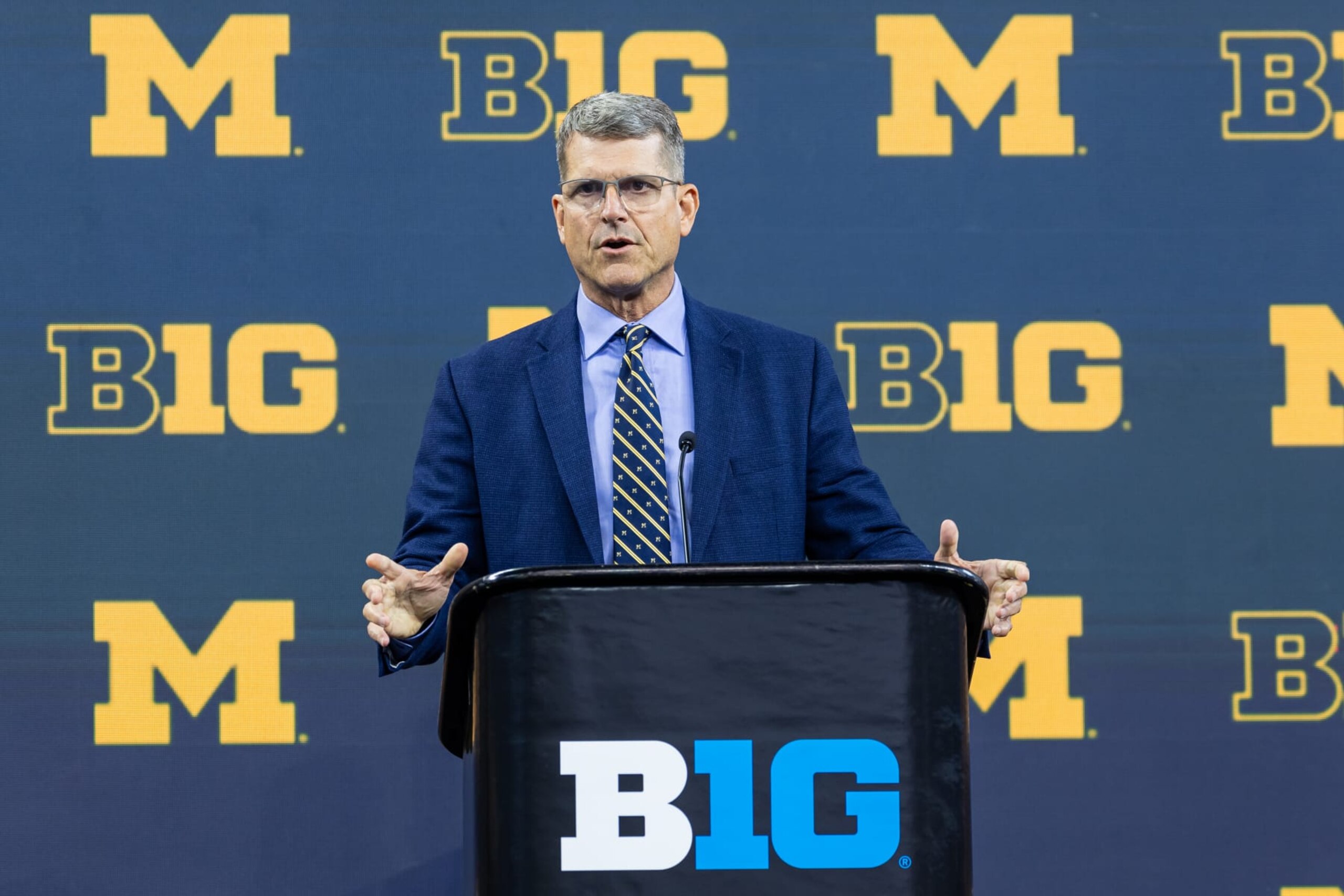 INDIANAPOLIS, INDIANA - JULY 27: Head coach Jim Harbaugh of the Michigan Wolverines speaks at Big Ten football media days at Lucas Oil Stadium on July 27, 2023 in Indianapolis, Indiana. (Photo by Michael Hickey/Getty Images)
