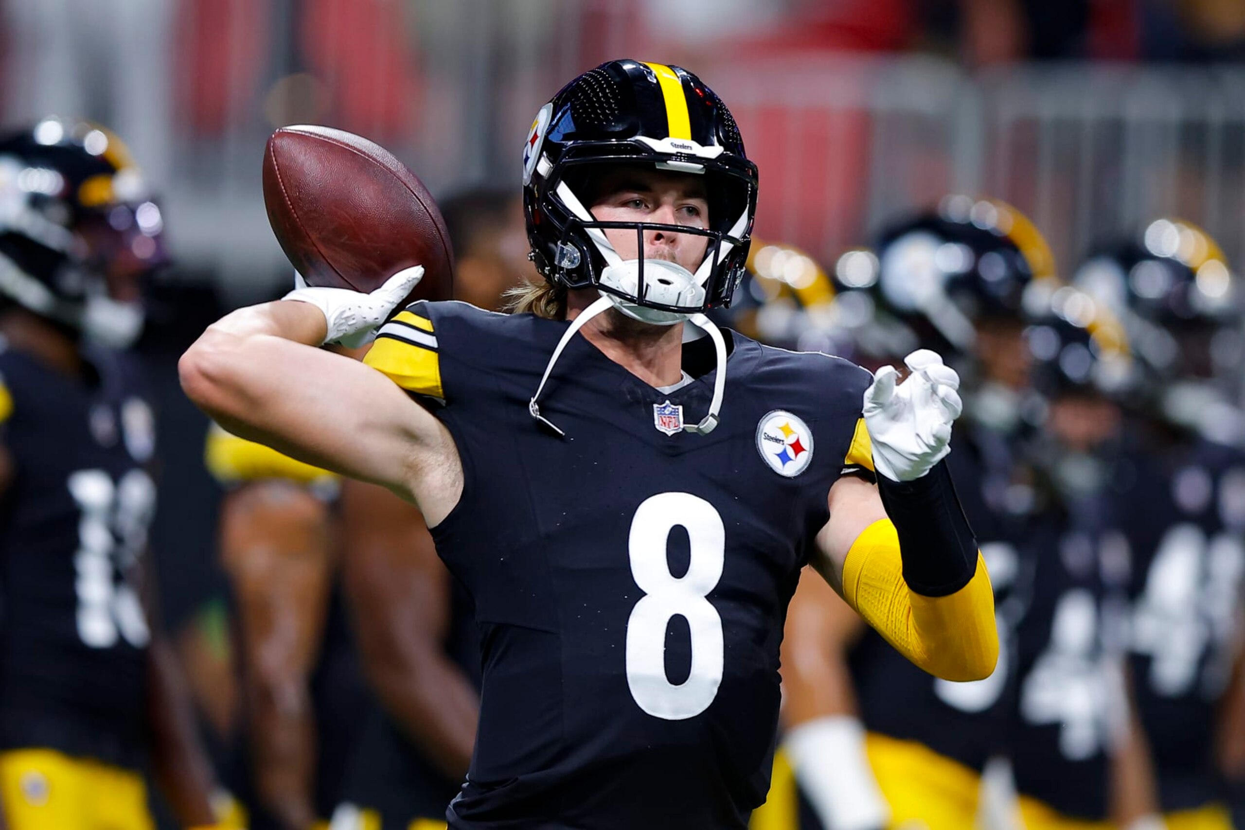 ATLANTA, GEORGIA - AUGUST 24: Kenny Pickett #8 of the Pittsburgh Steelers warms up prior to a preseason game against the Atlanta Falcons at Mercedes-Benz Stadium on August 24, 2023 in Atlanta, Georgia. (Photo by Todd Kirkland/Getty Images) ATLANTA, GEORGIA - AUGUST 24: Kenny Pickett #8 of the Pittsburgh Steelers warms up prior to a preseason game against the Atlanta Falcons at Mercedes-Benz Stadium on August 24, 2023 in Atlanta, Georgia. (Photo by Todd Kirkland/Getty Images)