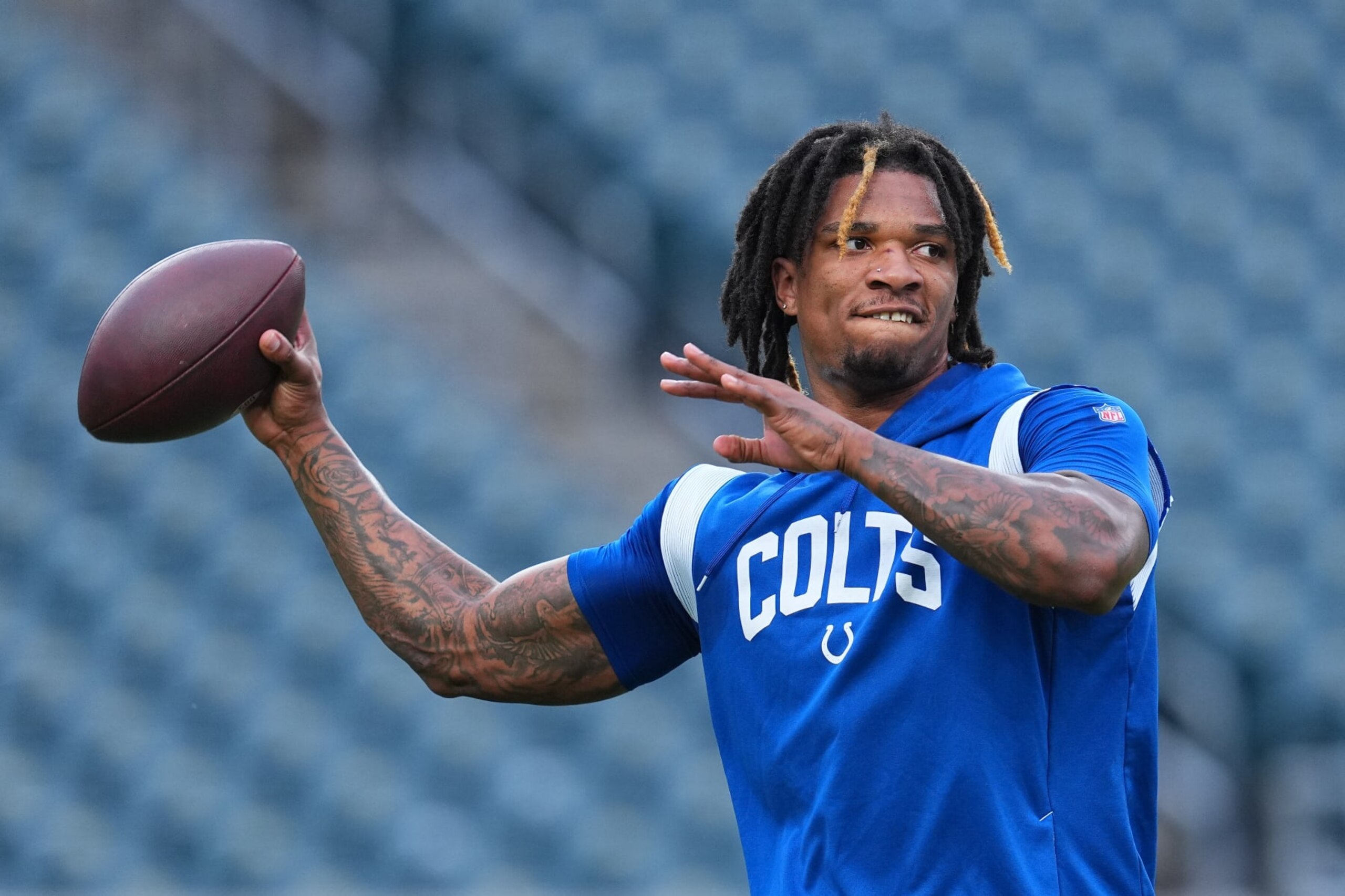 PHILADELPHIA, PENNSYLVANIA - AUGUST 24: Anthony Richardson #5 of the Indianapolis Colts warms up during the preseason game against the Philadelphia Eagles at Lincoln Financial Field on August 24, 2023 in Philadelphia, Pennsylvania. (Photo by Mitchell Leff/Getty Images)