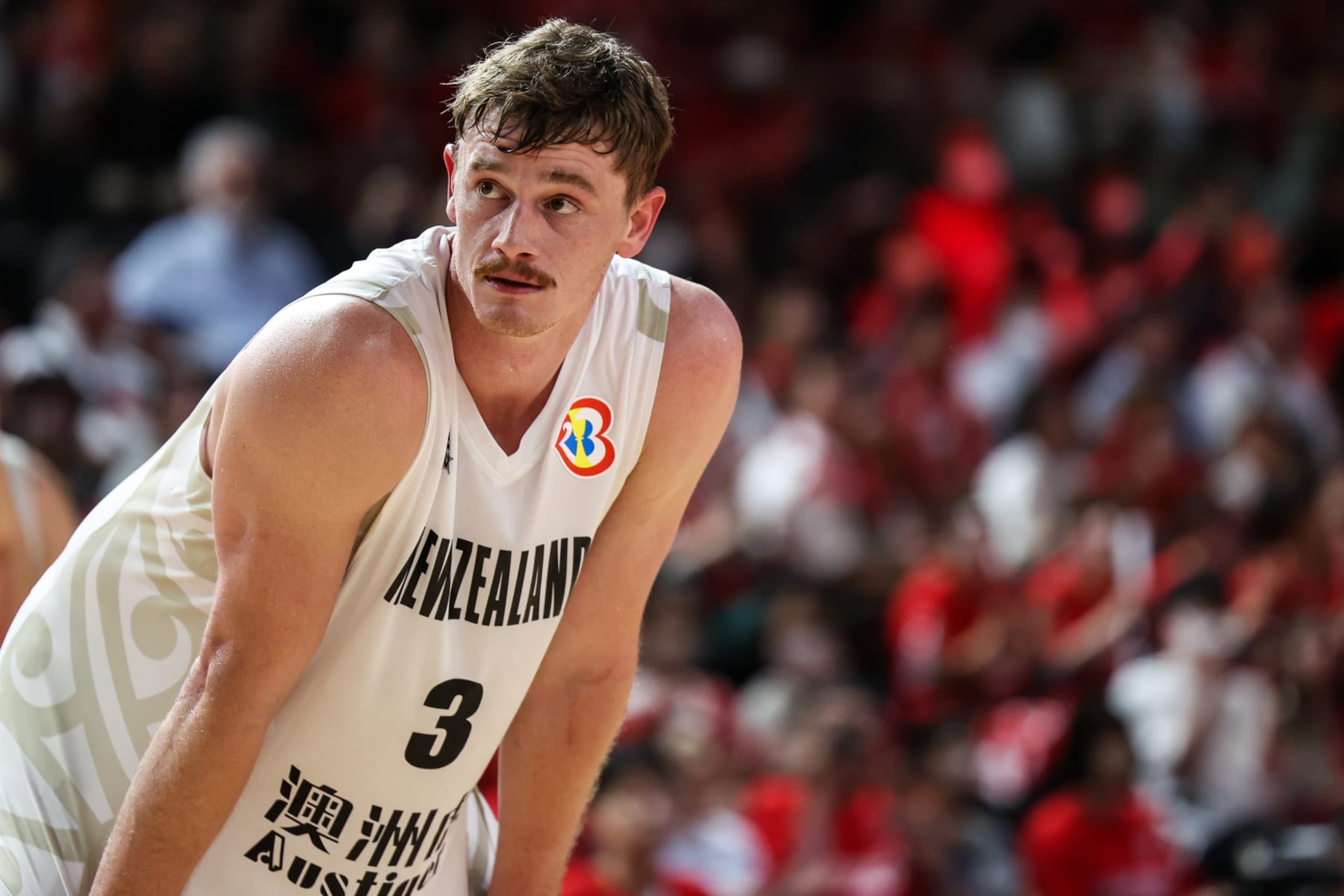 OTA, JAPAN - AUGUST 02: Finn Delany #3 of New Zealand looks on during the international basketball game between Japan and New Zealand at Open House Arena Ota on August 02, 2023 in Ota, Gunma, Japan. (Photo by Takashi Aoyama/Getty Images)