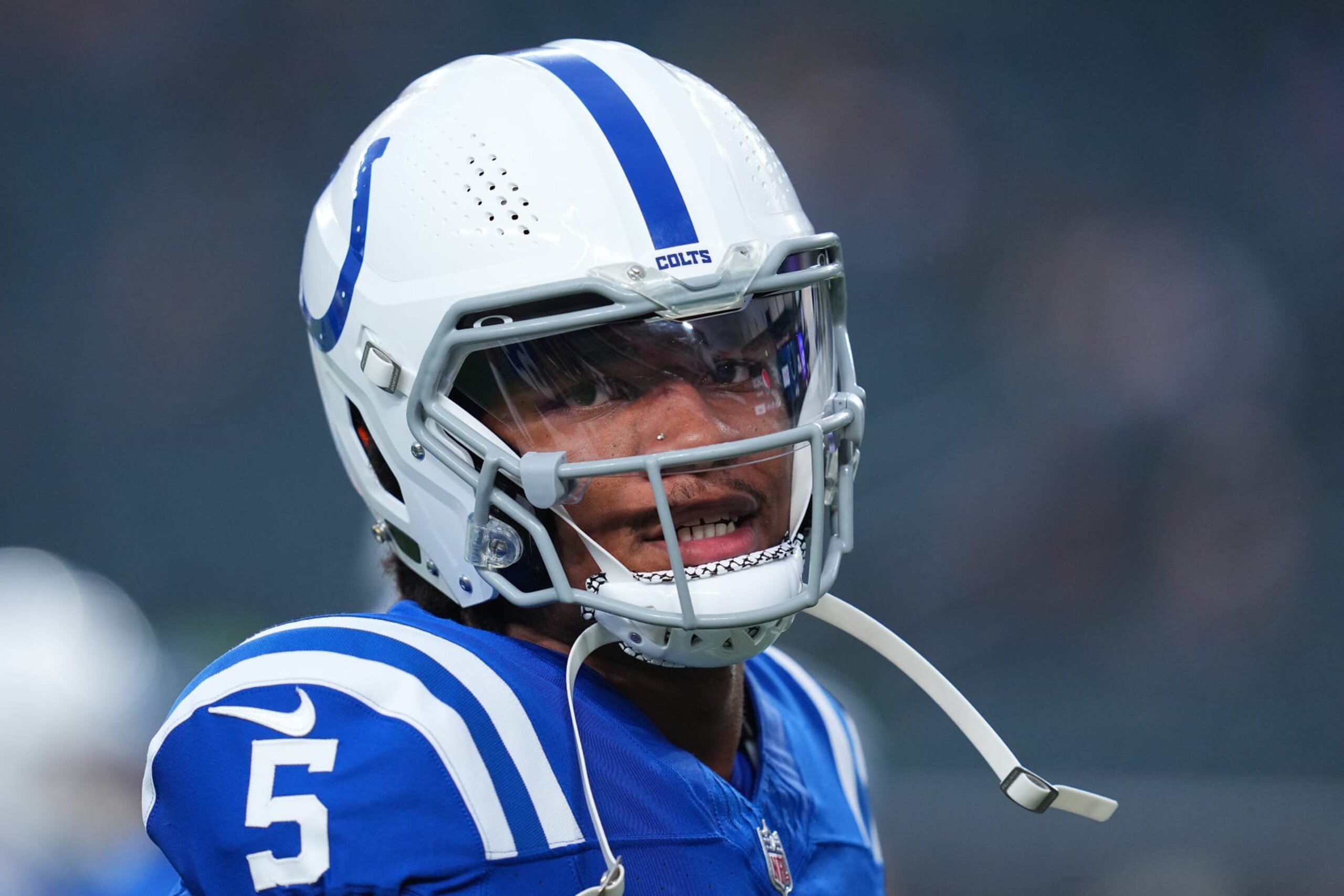 PHILADELPHIA, PENNSYLVANIA - AUGUST 24: Anthony Richardson #5 of the Indianapolis Colts looks on prior to the preseason game against the Philadelphia Eagles at Lincoln Financial Field on August 24, 2023 in Philadelphia, Pennsylvania. (Photo by Mitchell Leff/Getty Images)