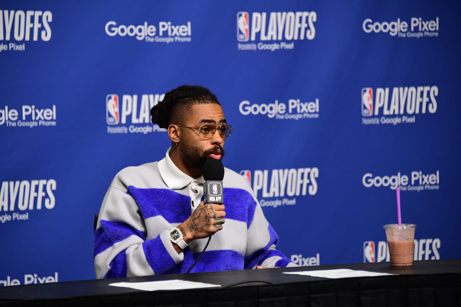 LOS ANGELES, CA - MAY 6: D'Angelo Russell #1 of the Los Angeles Lakers addresses the media after winning Game Three of the Western Conference Semi-Finals of the 2023 NBA Playoffs on May 6, 2023 at Crypto.Com Arena in Los Angeles, California. NOTE TO USER: User expressly acknowledges and agrees that, by downloading and/or using this Photograph, user is consenting to the terms and conditions of the Getty Images License Agreement. Mandatory Copyright Notice: Copyright 2023 NBAE (Photo by Adam Pantozzi/NBAE via Getty Images)